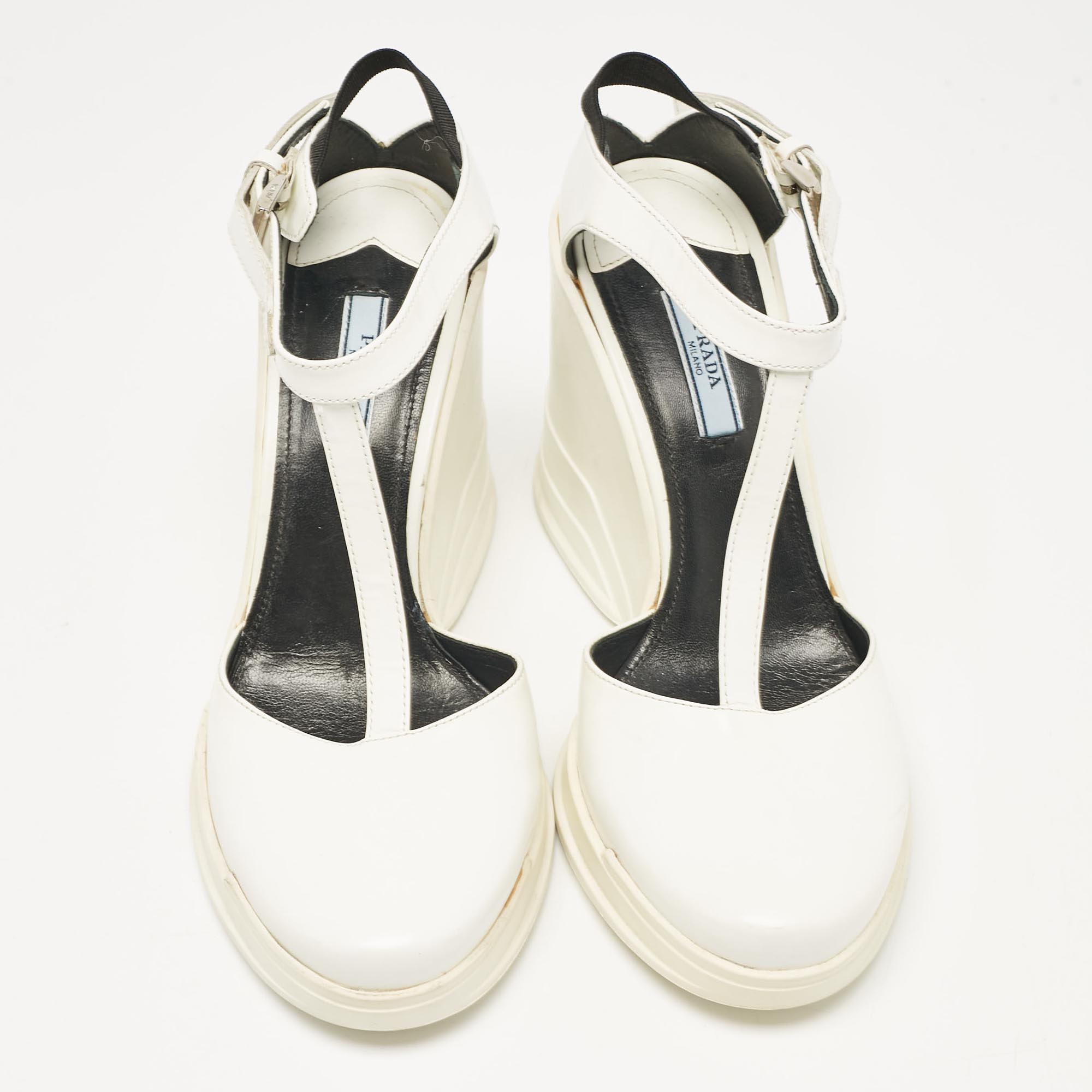 Prada White Leather T-Strap Wedge Sandals Size 40