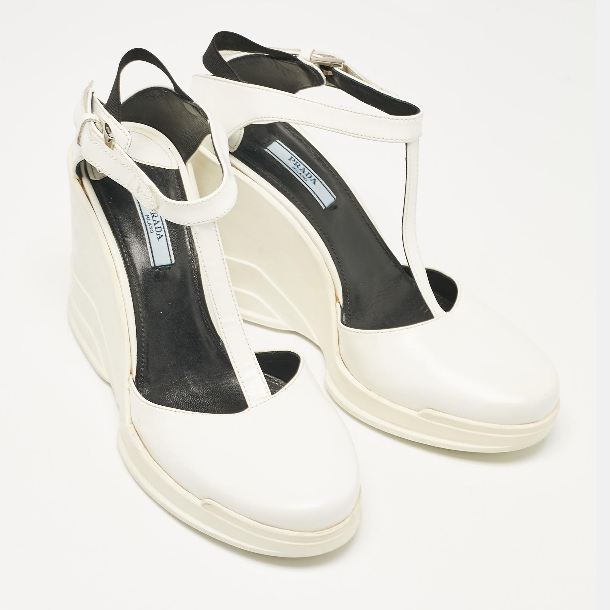 Prada White Leather T-Strap Wedge Sandals Size 40