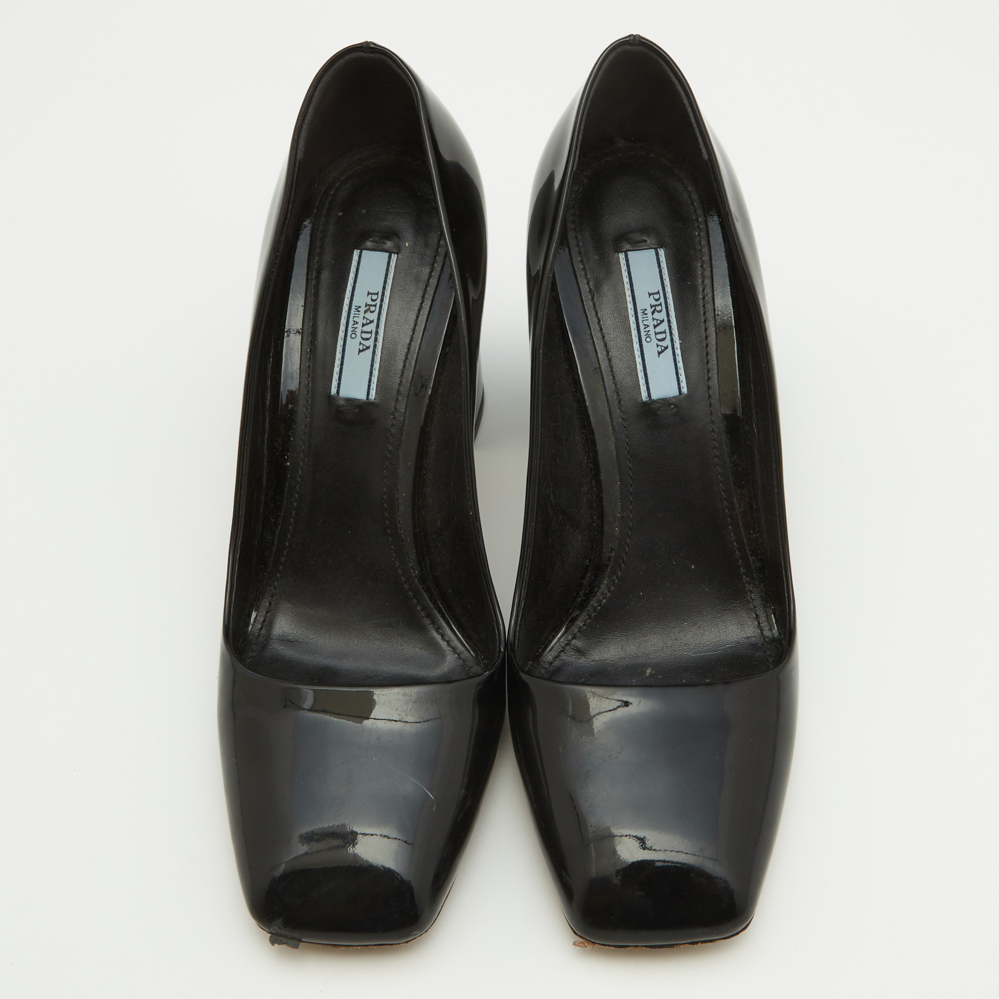 Prada Black Patent Leather Block Heel Pumps Size 38