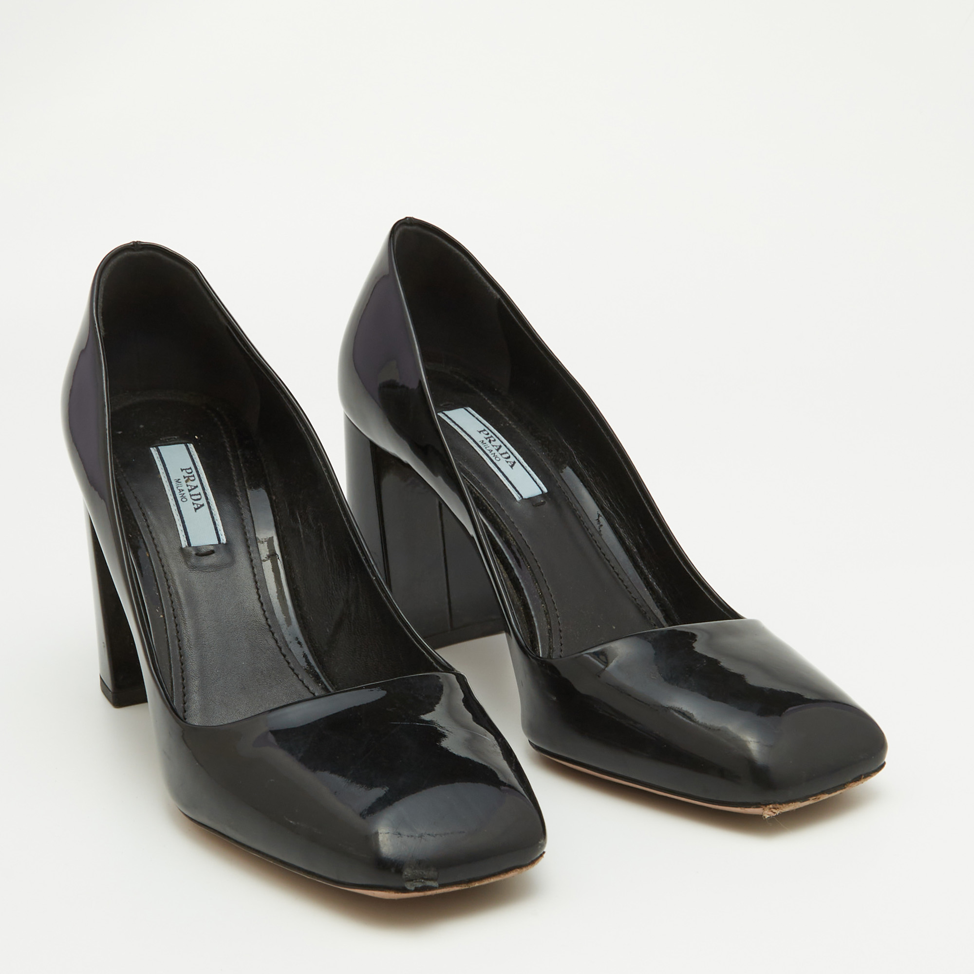 Prada Black Patent Leather Block Heel Pumps Size 38