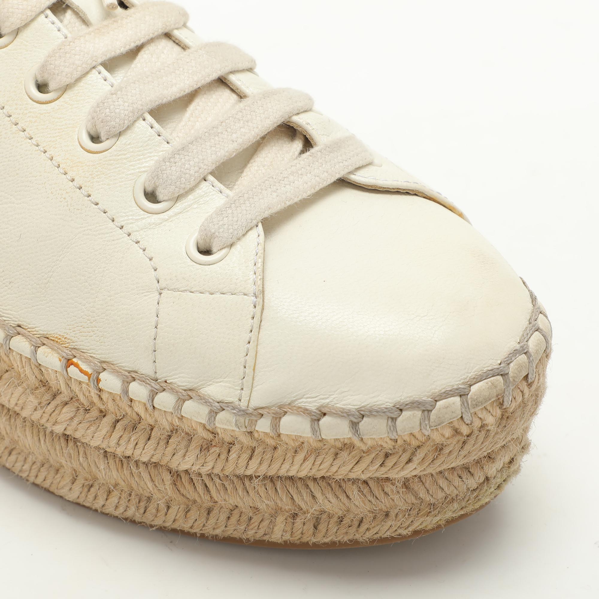 Prada White Leather Platform Espadrille Lace Up Sneakers Size 39