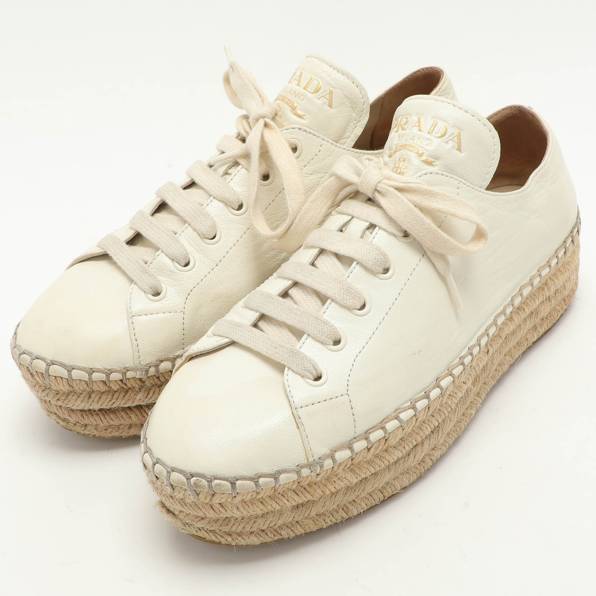 Prada White Leather Platform Espadrille Lace Up Sneakers Size 39