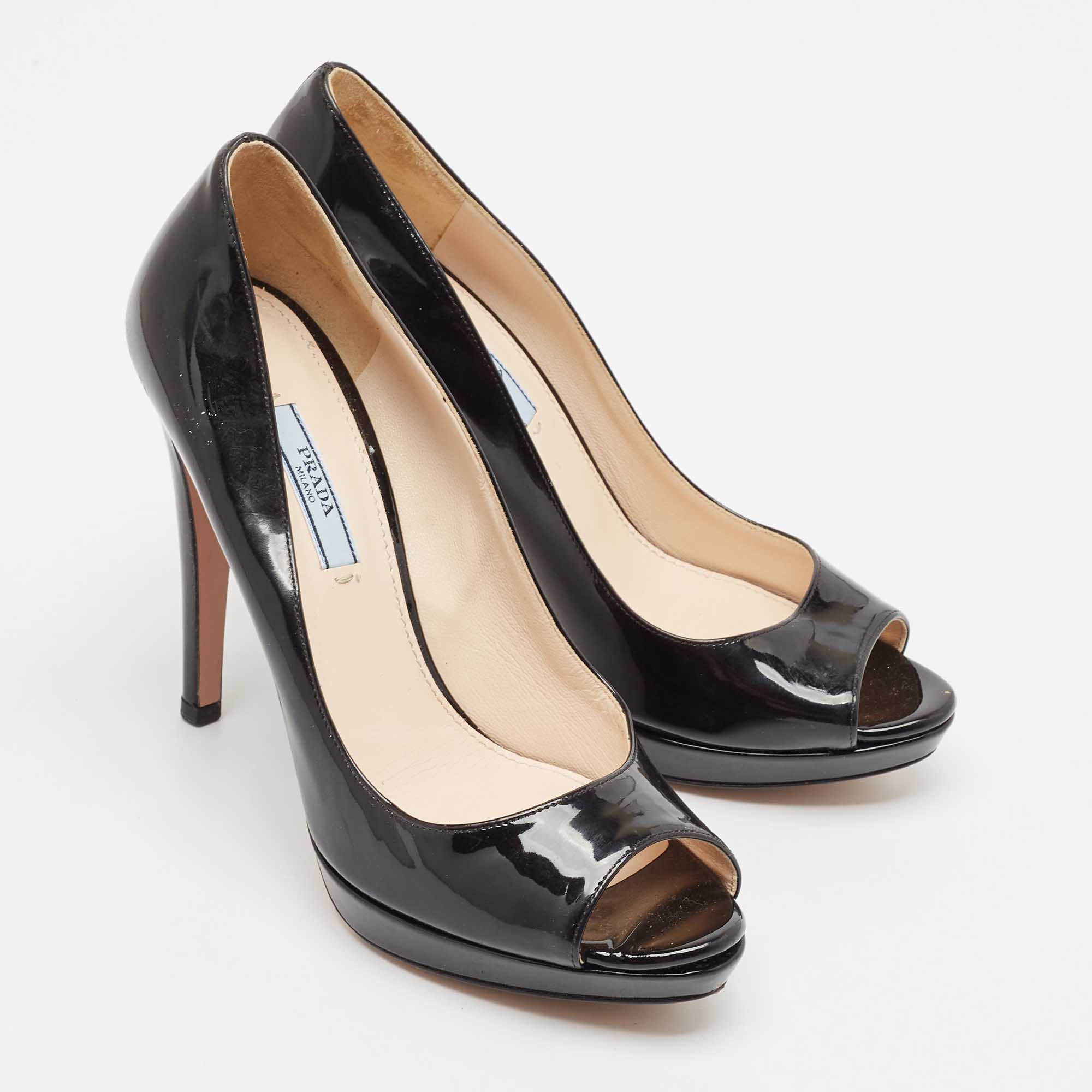 Prada Black Patent Leather Peep Toe Pumps Size 38.5