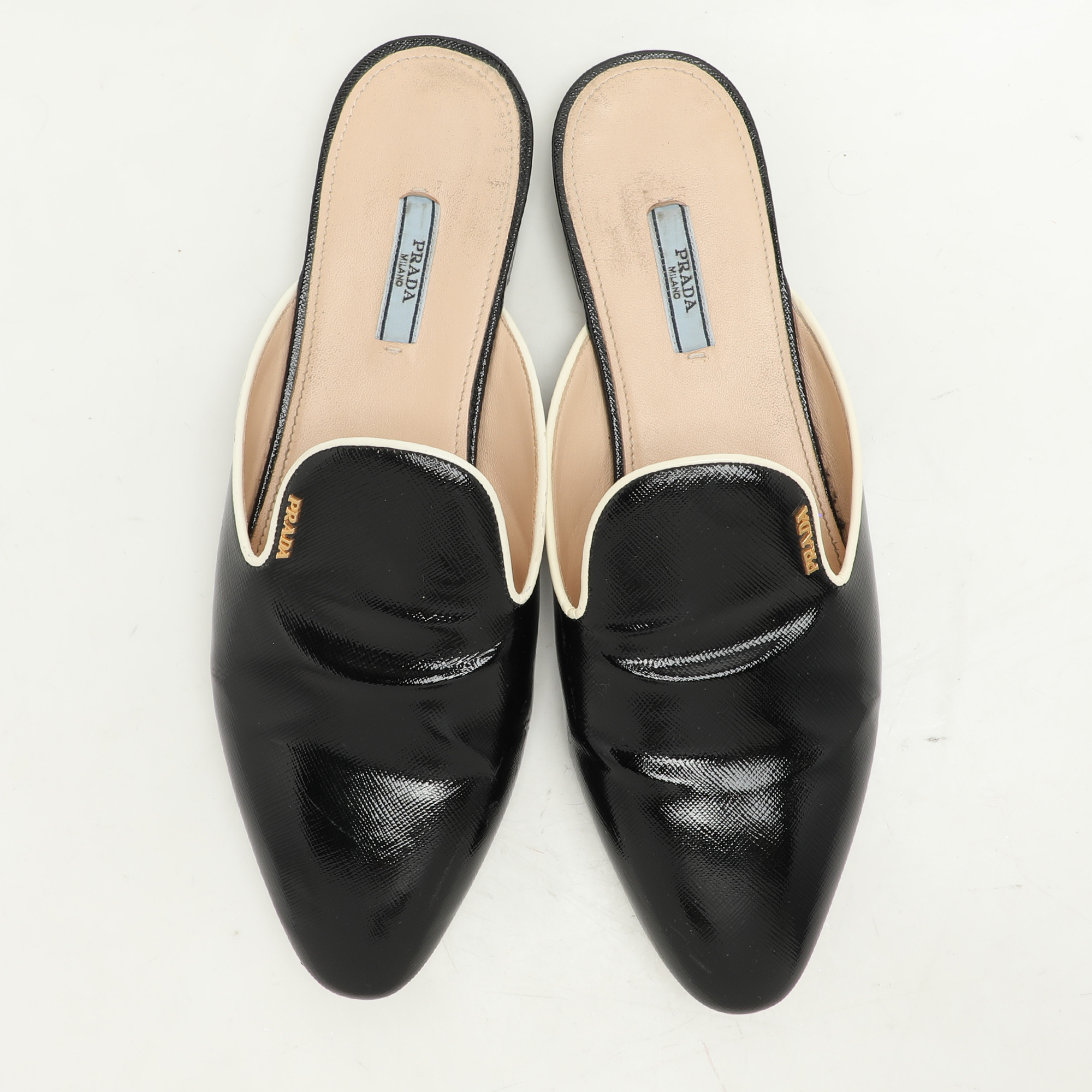 Prada Black Saffiano Patent Leather Mules Size 43