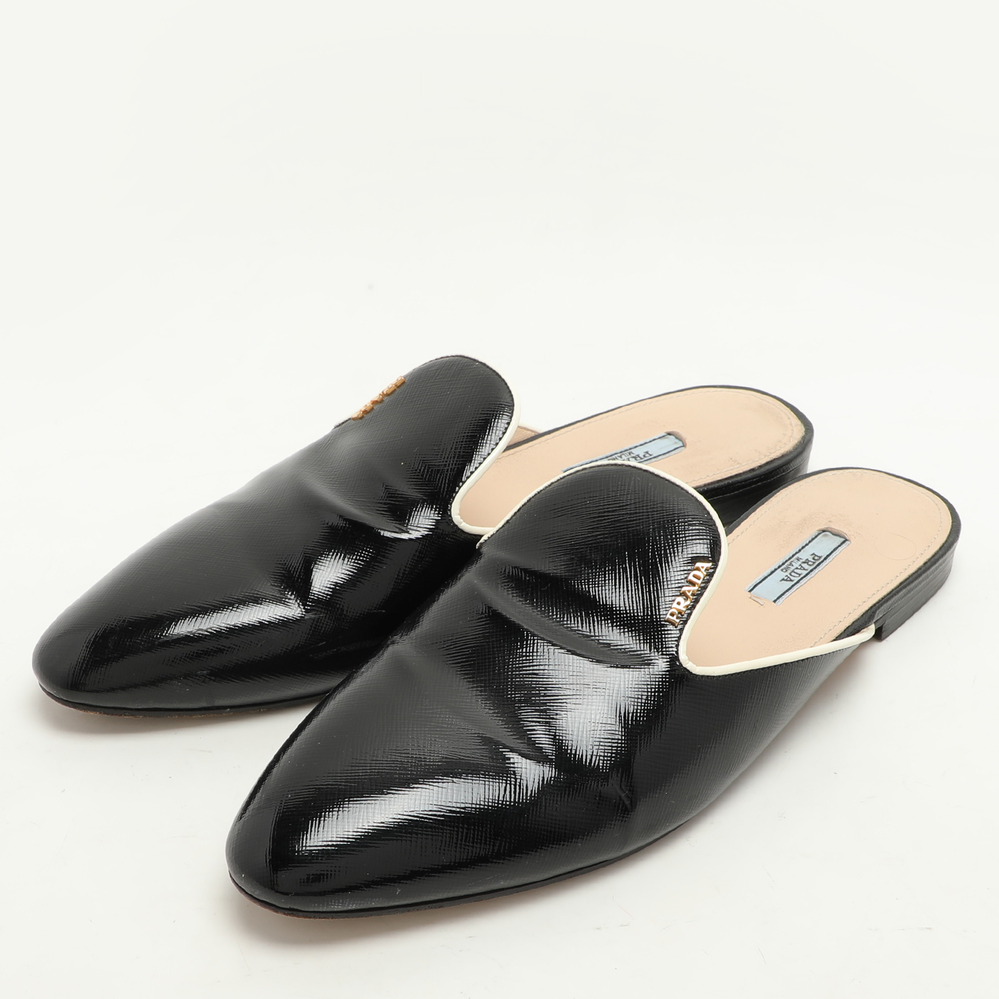 Prada Black Saffiano Patent Leather Mules Size 43