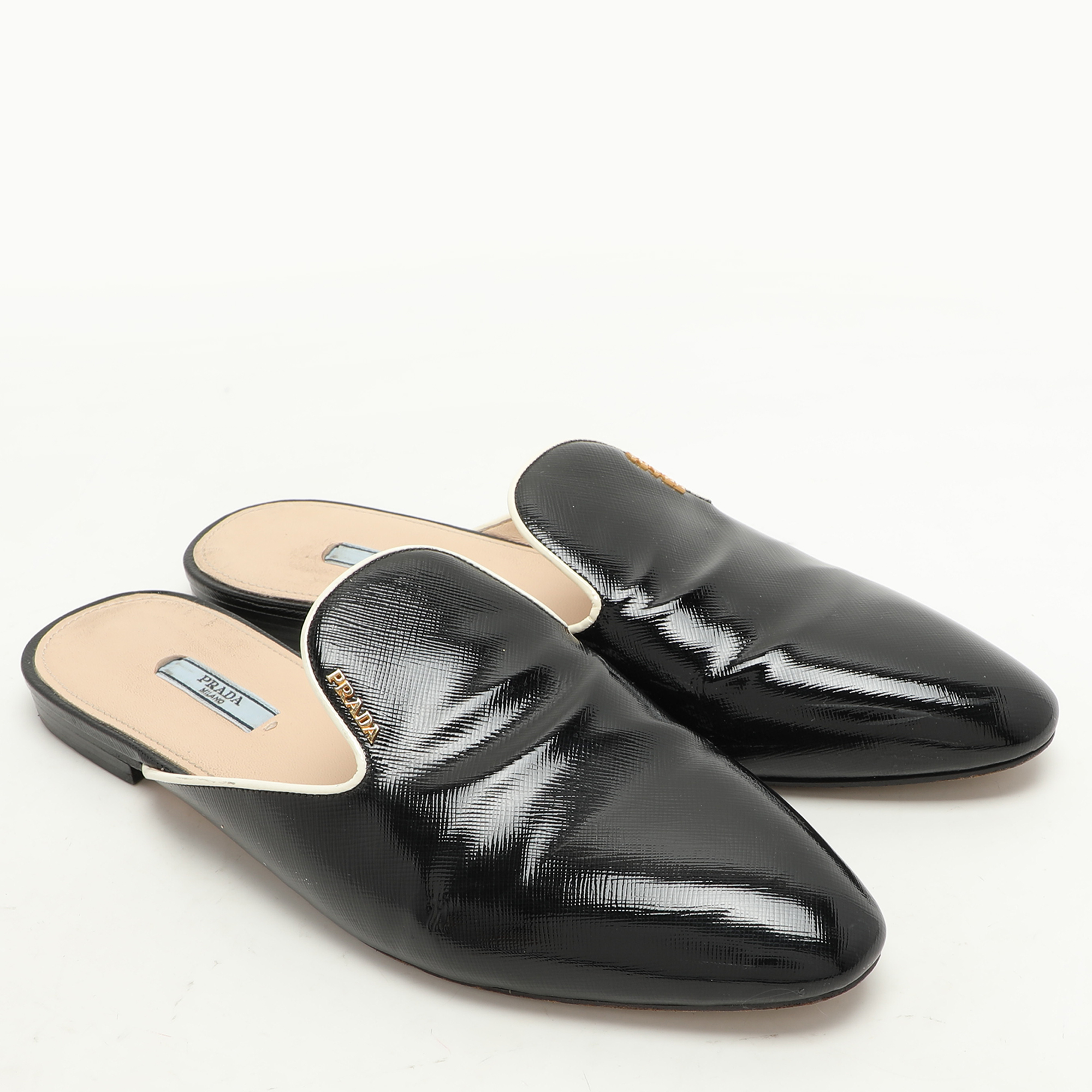 Prada Black Saffiano Patent Leather Mules Size 43