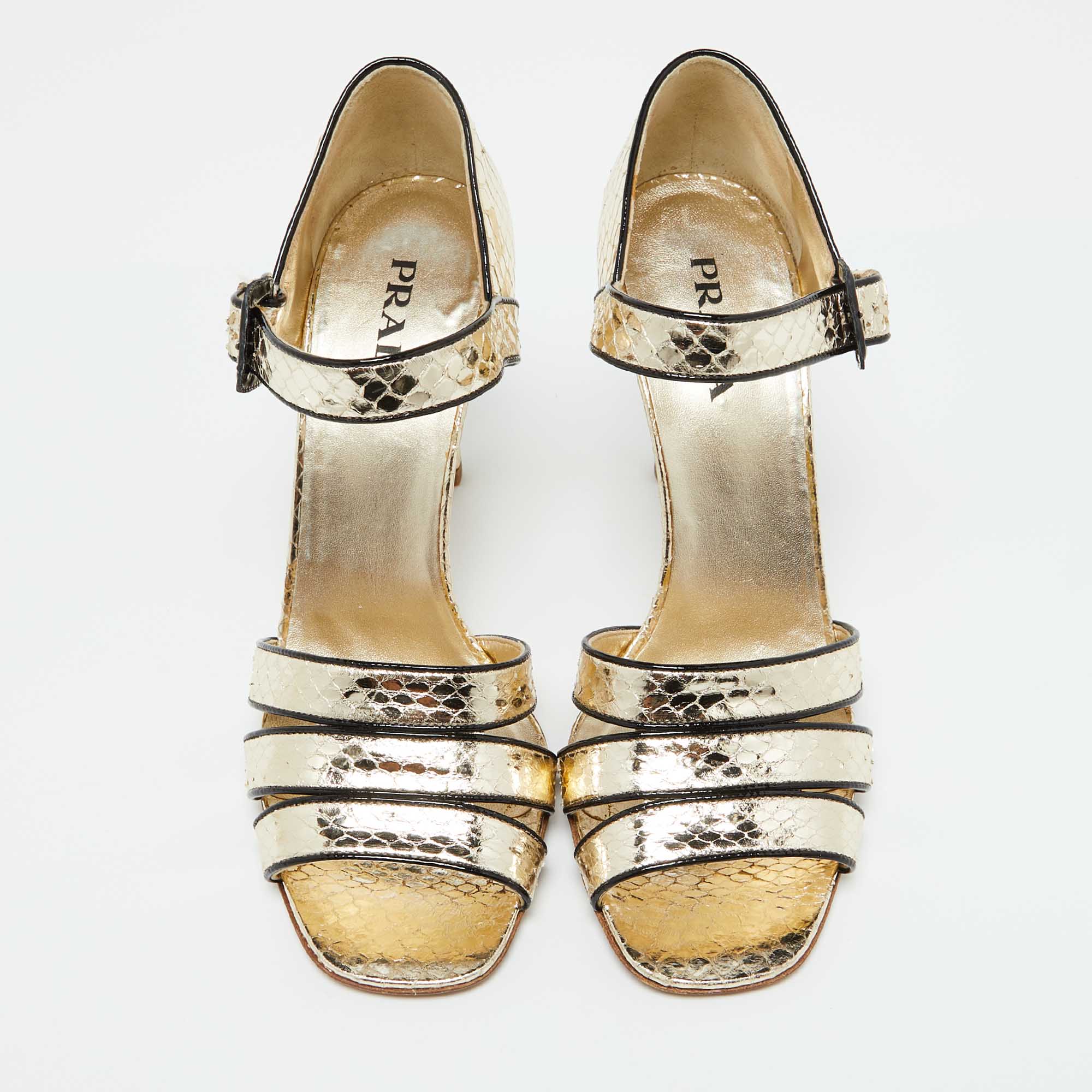 Prada Metallic Gold Snakeskin Ankle Strap Sandals Size 39