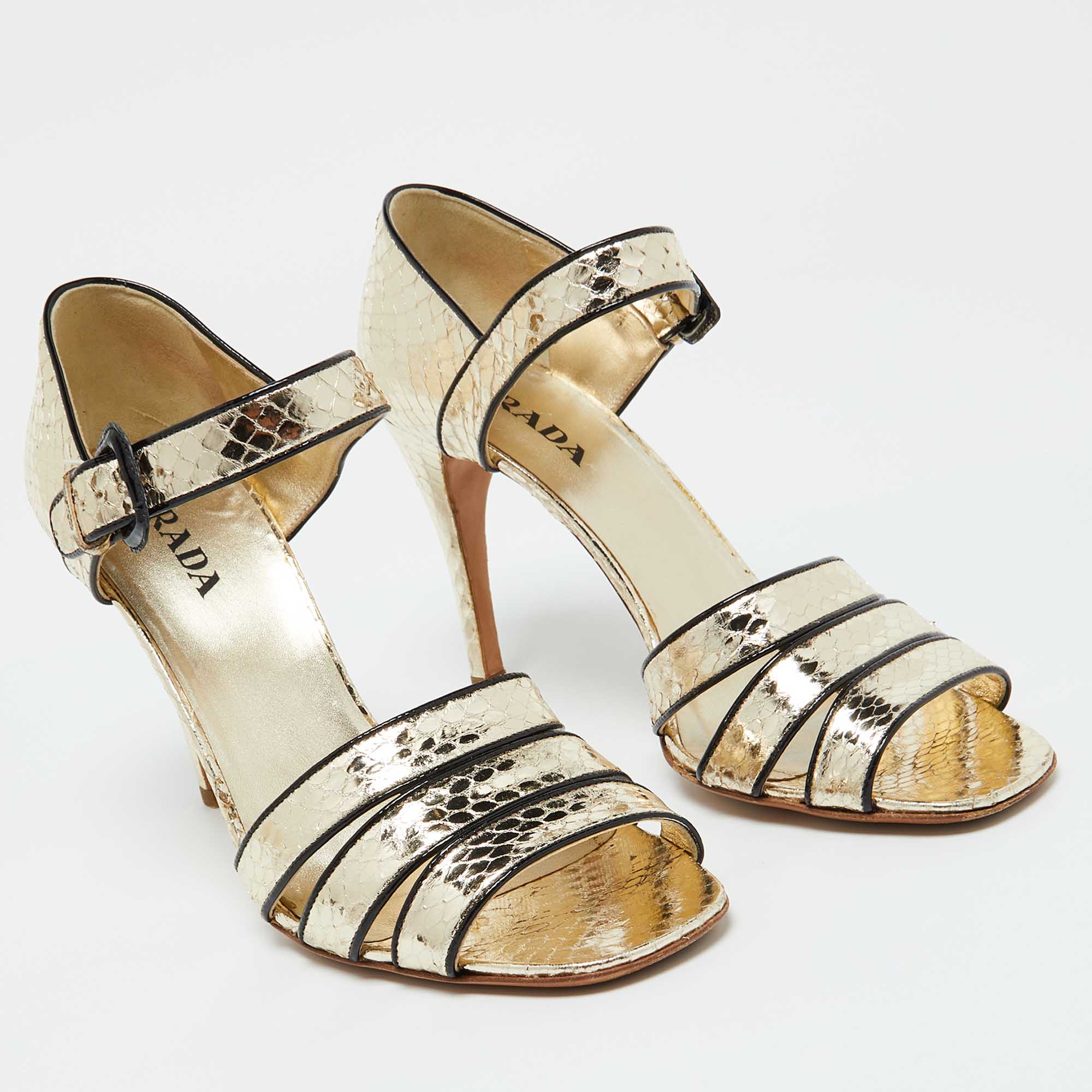 Prada Metallic Gold Snakeskin Ankle Strap Sandals Size 39