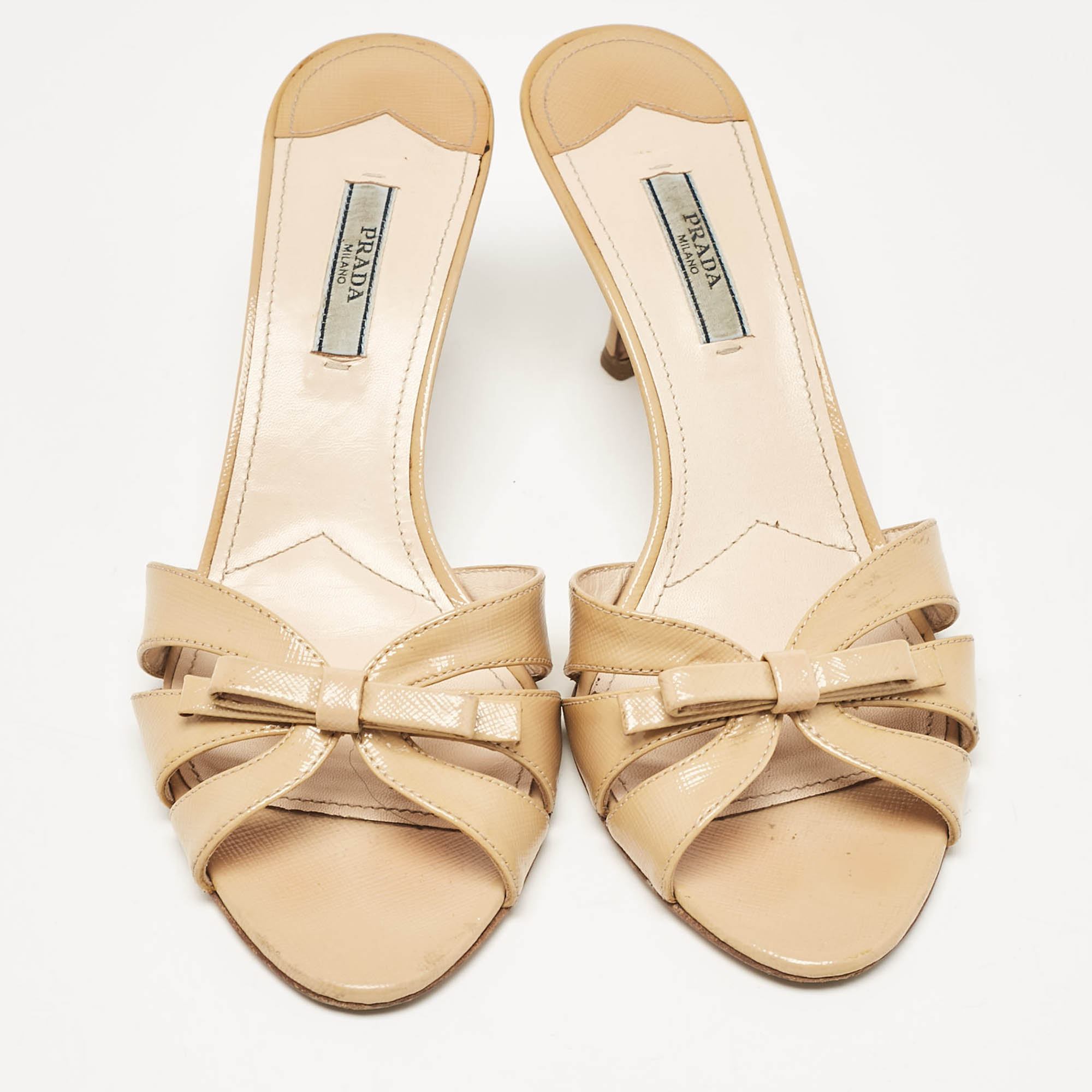 Prada Beige Patent Leather Bow Slide Sandals Size 39