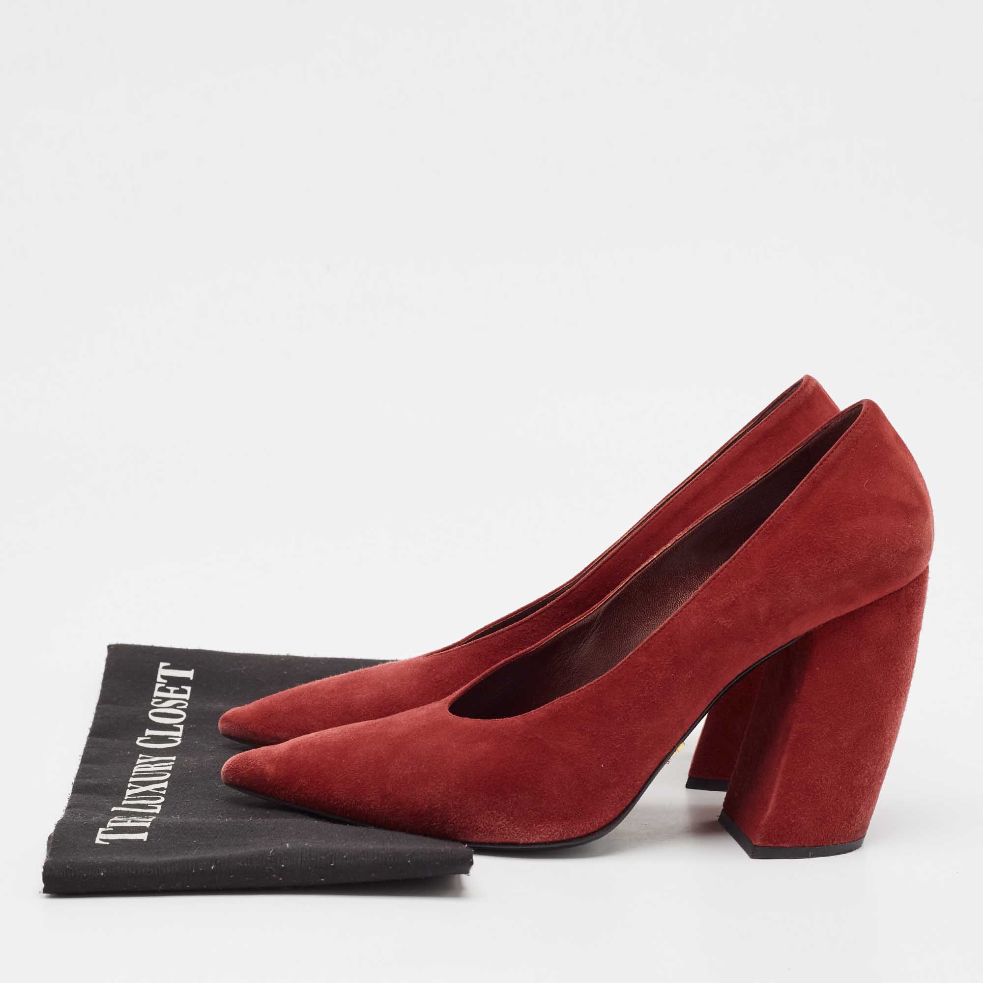 Prada Dark Red Suede Pointed Toe Block Heel Pumps Size 40