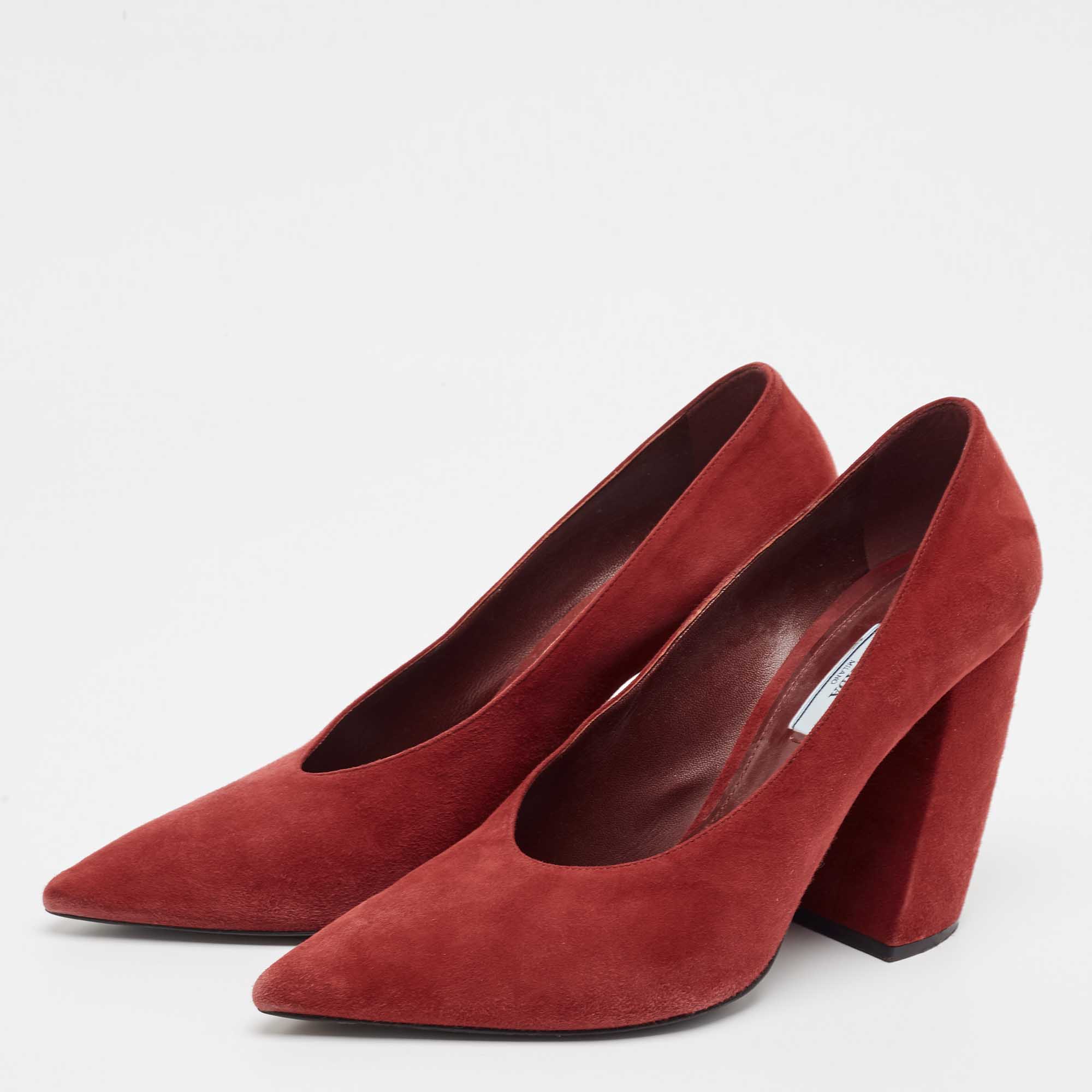 Prada Dark Red Suede Pointed Toe Block Heel Pumps Size 40