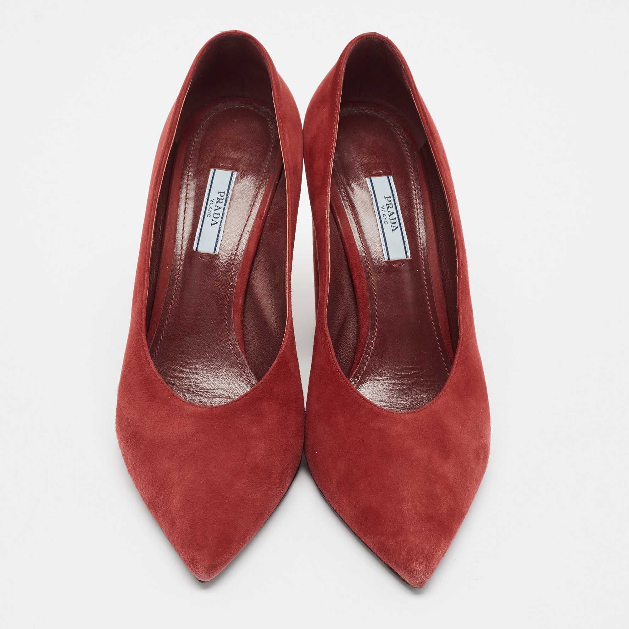 Prada Dark Red Suede Pointed Toe Block Heel Pumps Size 40