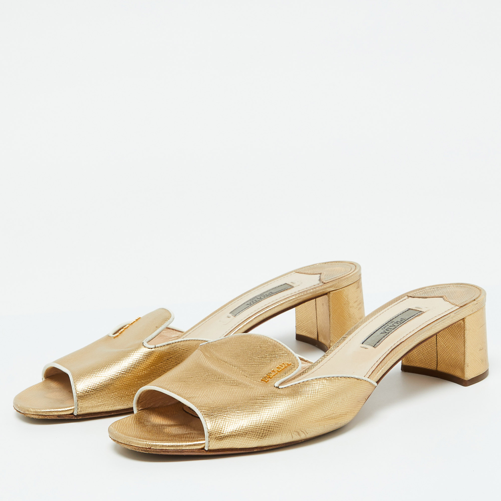 Prada Gold Saffiano Leather Block Heel Slide Sandals Size 39