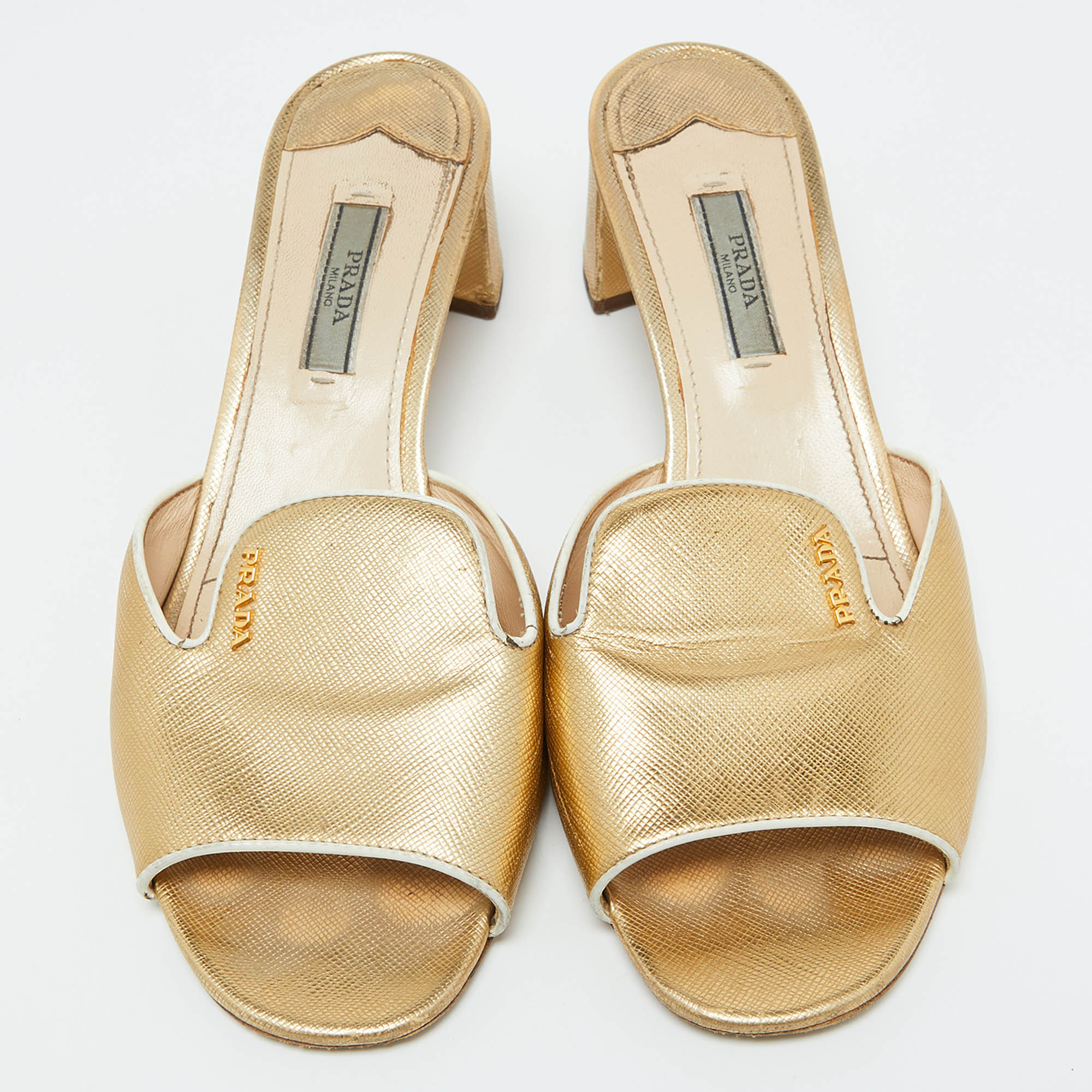 Prada Gold Saffiano Leather Block Heel Slide Sandals Size 39