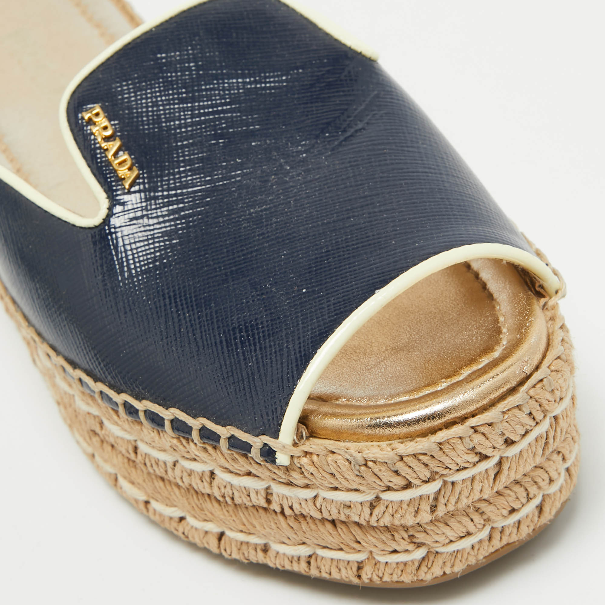 Prada Navy Blue Saffiano Leather Espadrille Platform Slides Size 38.5