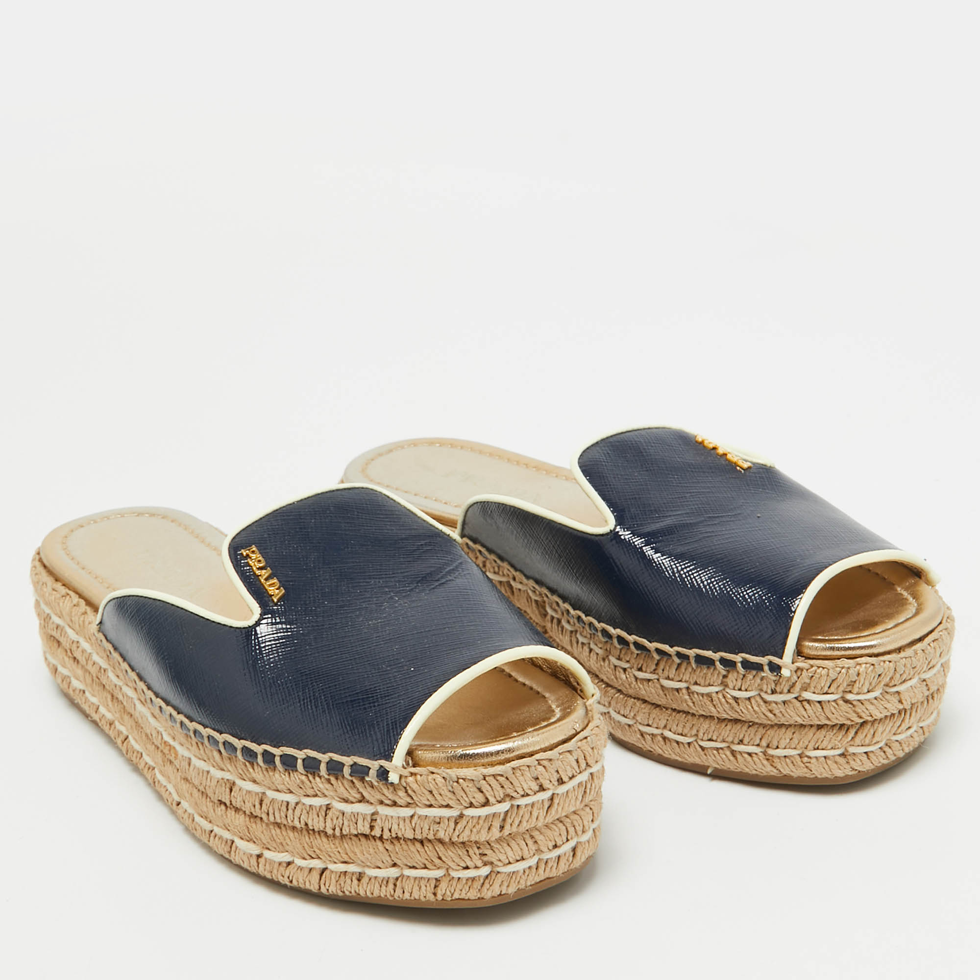 Prada Navy Blue Saffiano Leather Espadrille Platform Slides Size 38.5