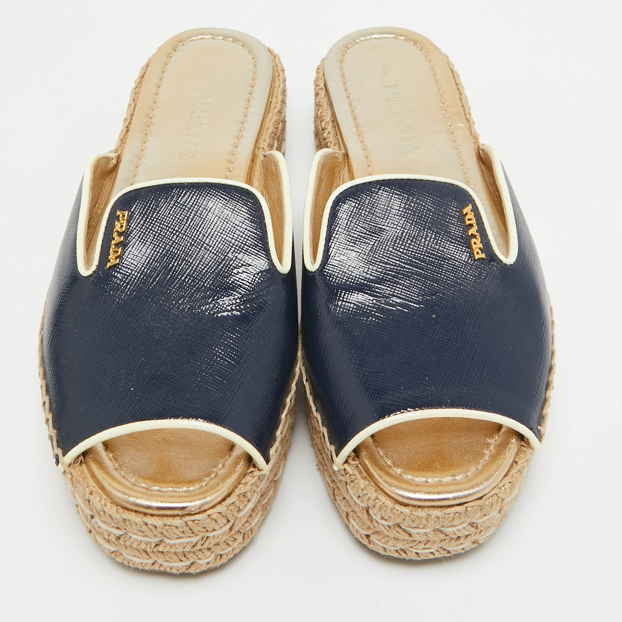 Prada Navy Blue Saffiano Leather Espadrille Platform Slides Size 38.5