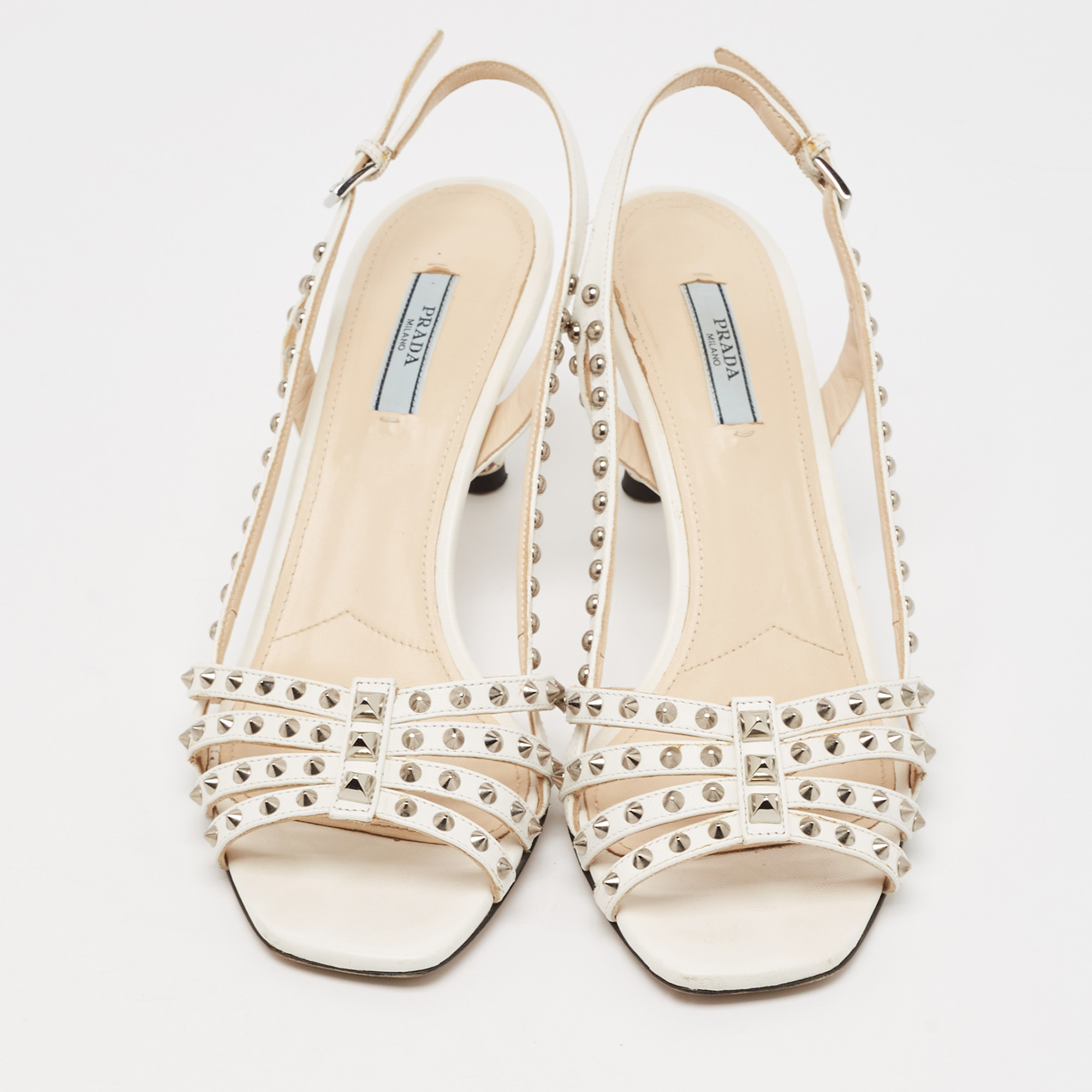 Prada White Leather Studded Slingback Sandals Size 40