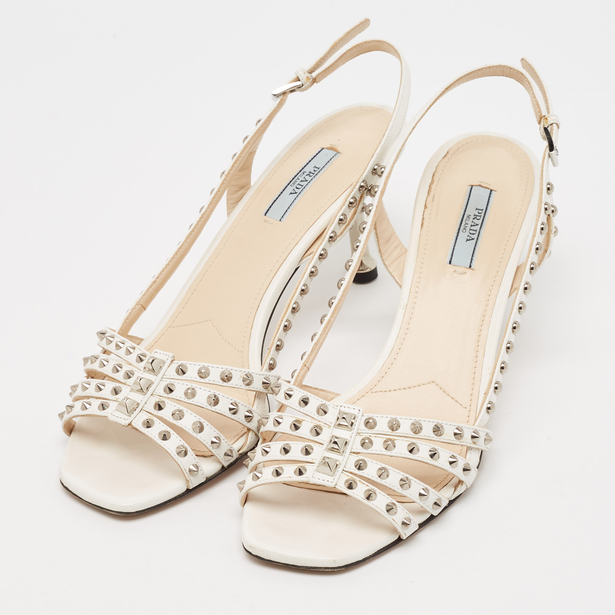 Prada White Leather Studded Slingback Sandals Size 40