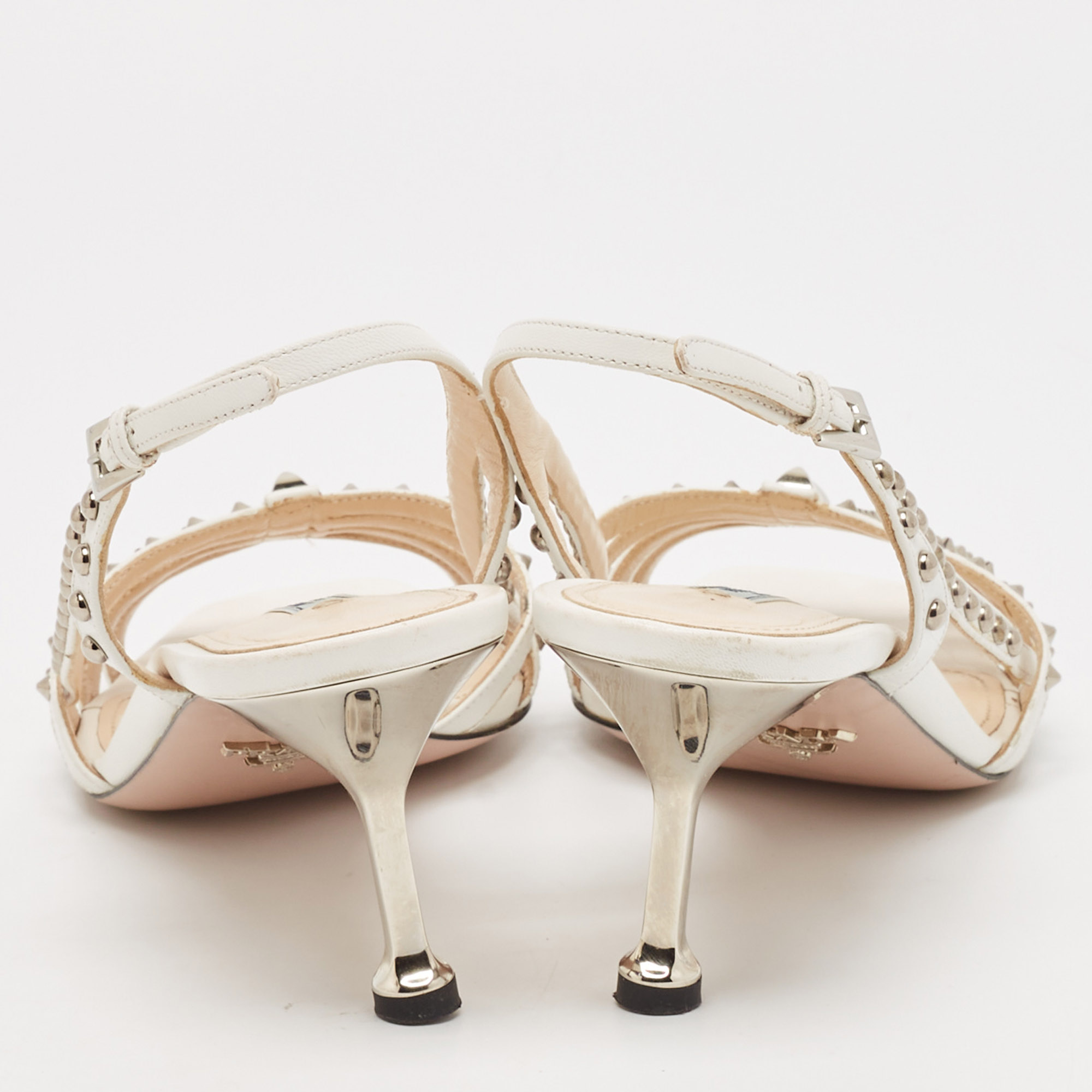 Prada White Leather Studded Slingback Sandals Size 40