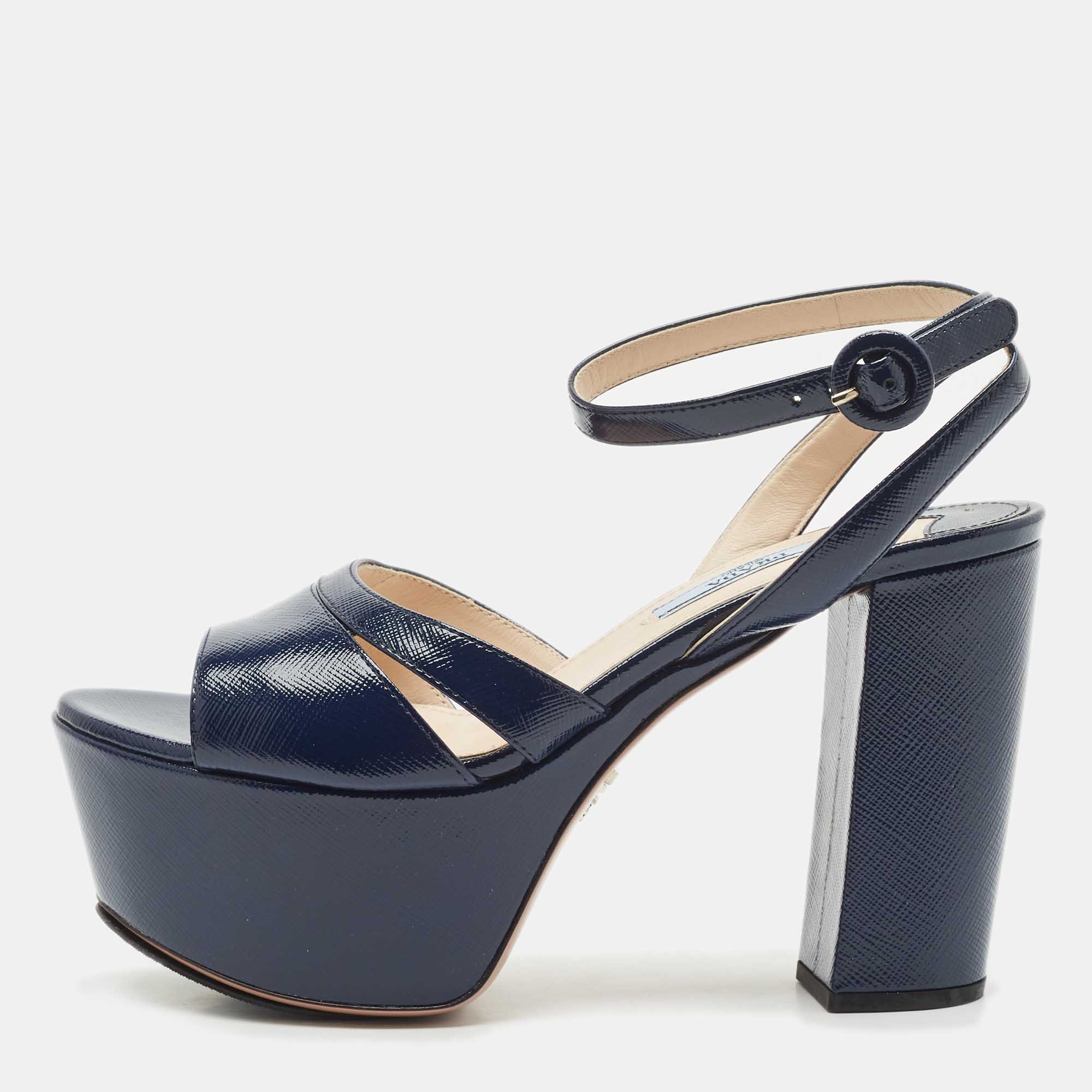 Prada Navy Blue Patent Leather Ankle Strap Platform Sandals Size
Prada Navy Blue Patent Leather Ankle Strap Platform Sandals Size