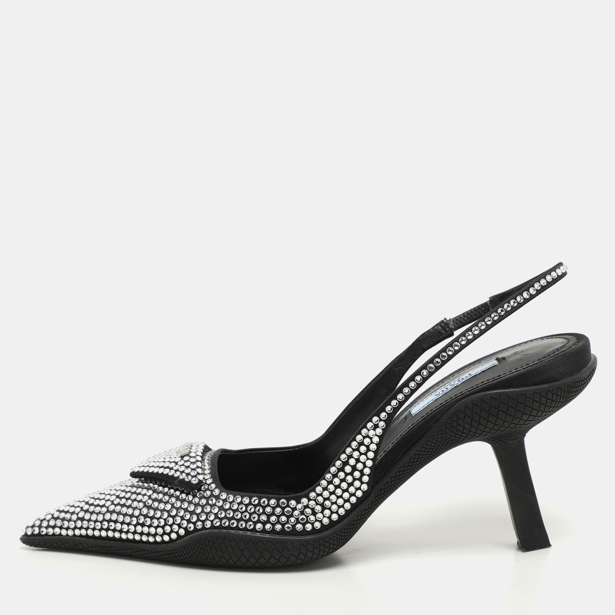 Prada Black Satin Crystal Embellished Pointed Toe Slingback Pumps 36.5
Prada Black Satin Crystal Embellished Pointed Toe Slingback Pumps 36.5