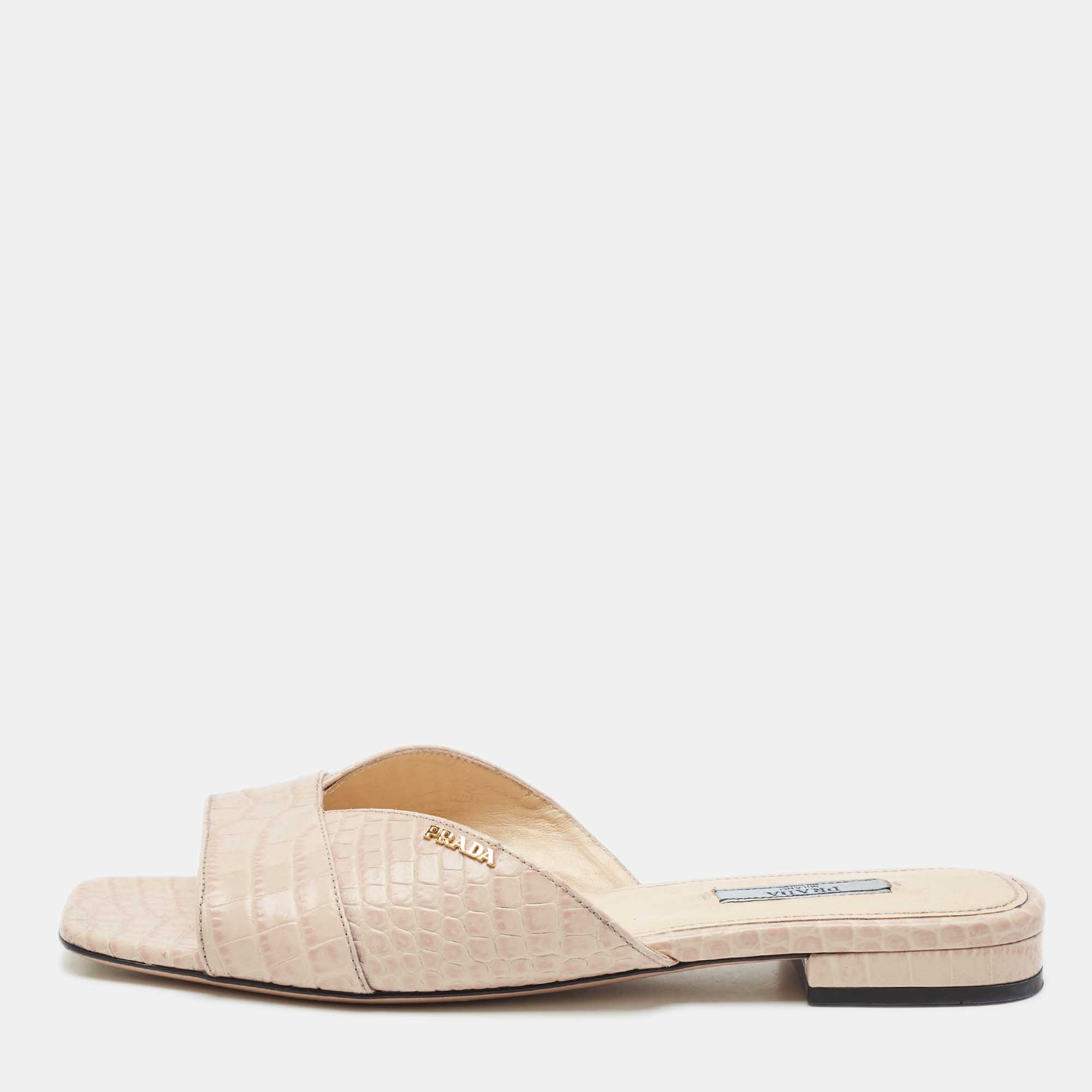 Prada Light Pink Croc Embossed Leather Flat Slide Sandals Size
Prada Light Pink Croc Embossed Leather Flat Slide Sandals Size
