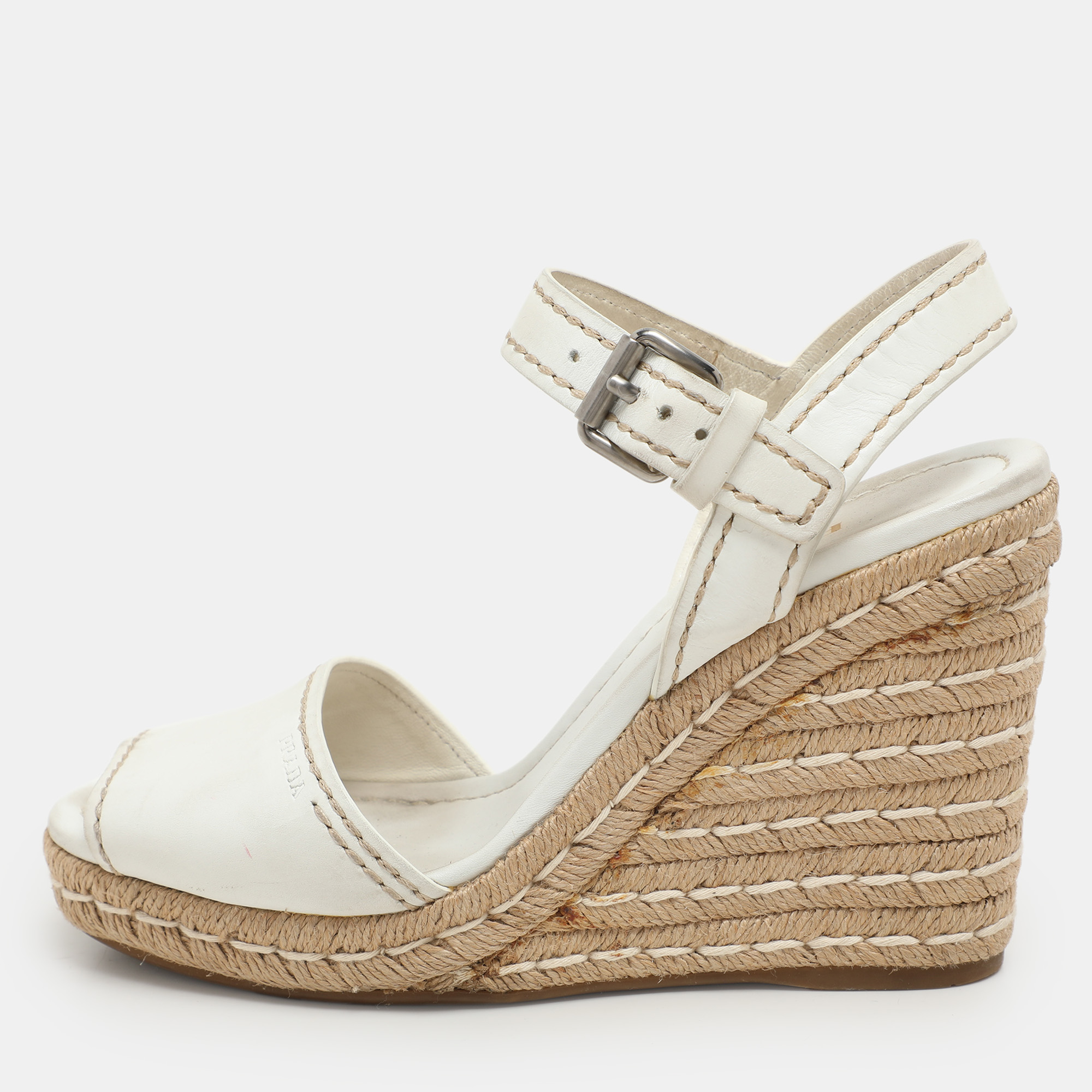 Prada White Leather Espadrille Platform Wedge Ankle Strap Sandals Size
Prada White Leather Espadrille Platform Wedge Ankle Strap Sandals Size