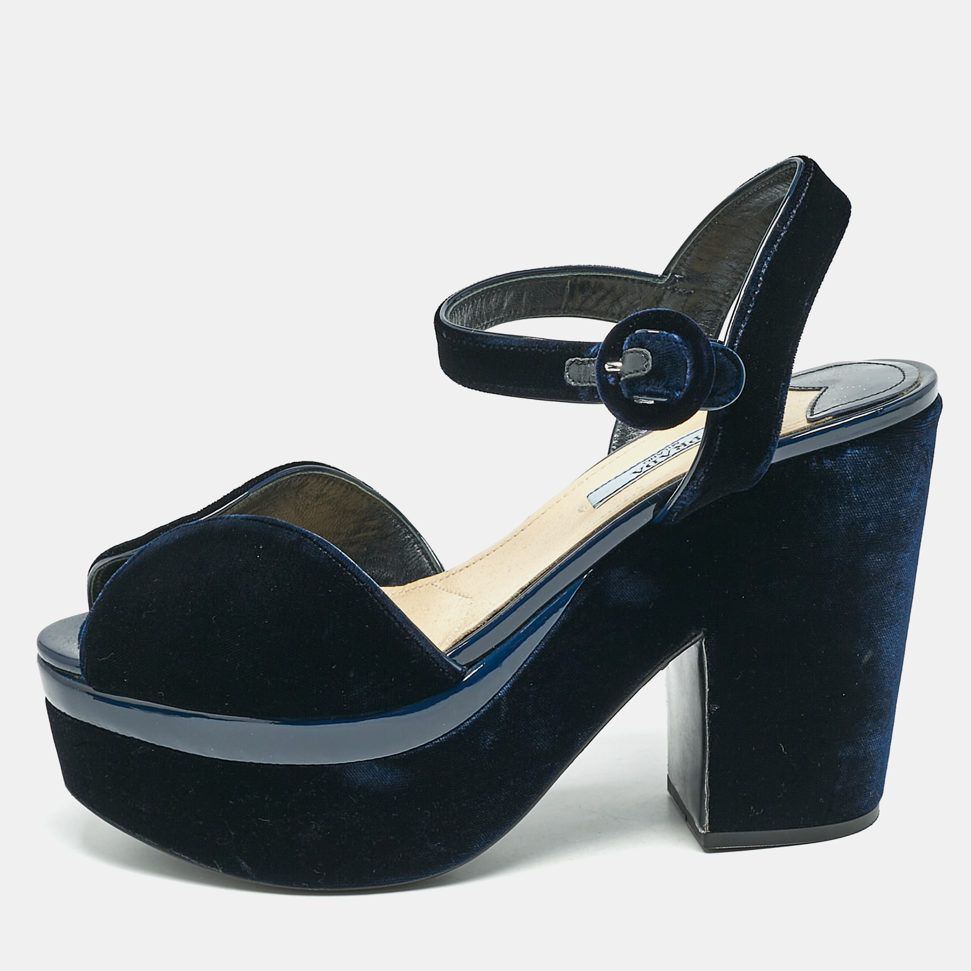 Prada Navy Blue Velvet Block Heel Platform Ankle Strap Sandals Size
Prada Navy Blue Velvet Block Heel Platform Ankle Strap Sandals Size