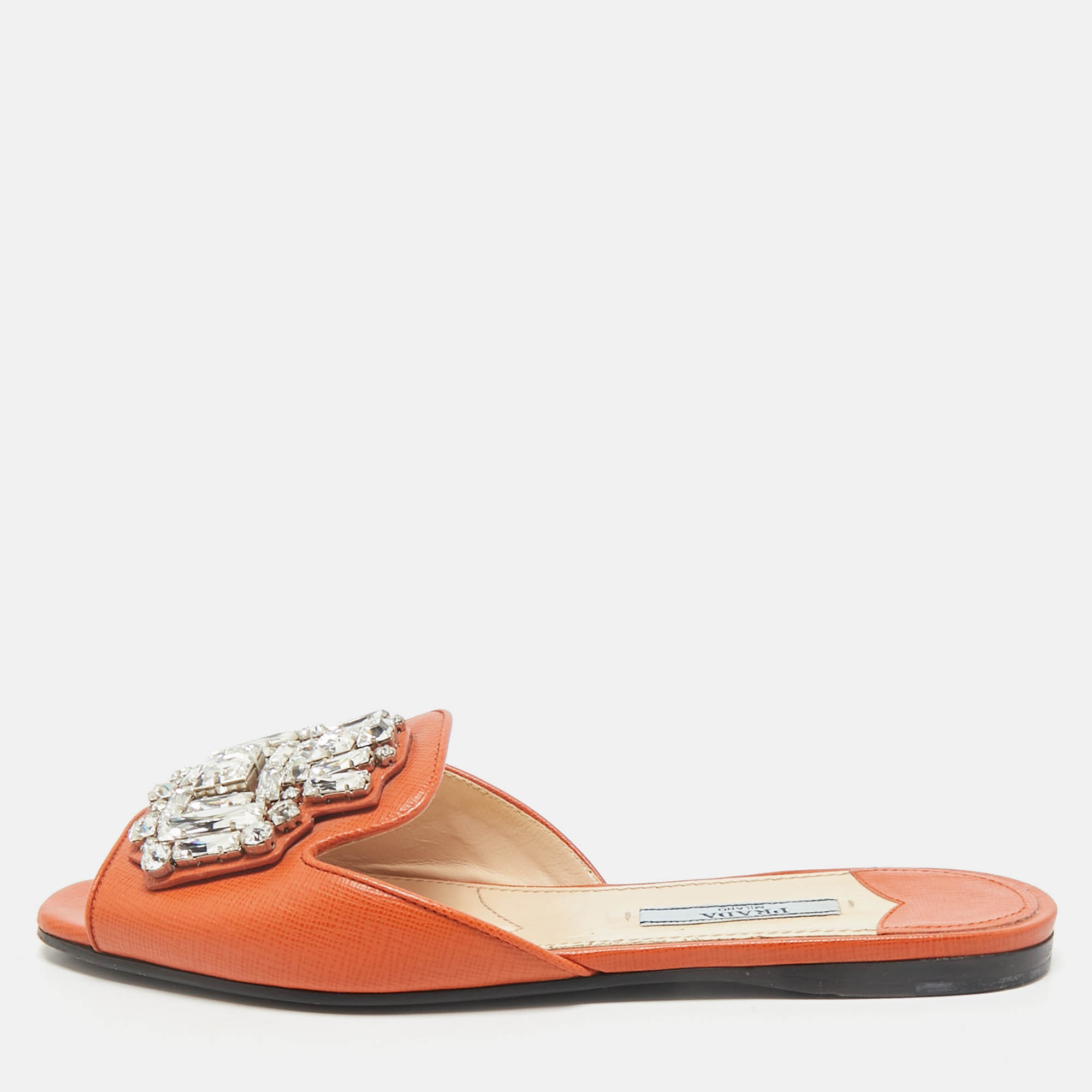 Prada Orange Saffiano Lux Leather Crystals Embellished Flat Slides Size
Prada Orange Saffiano Lux Leather Crystals Embellished Flat Slides Size