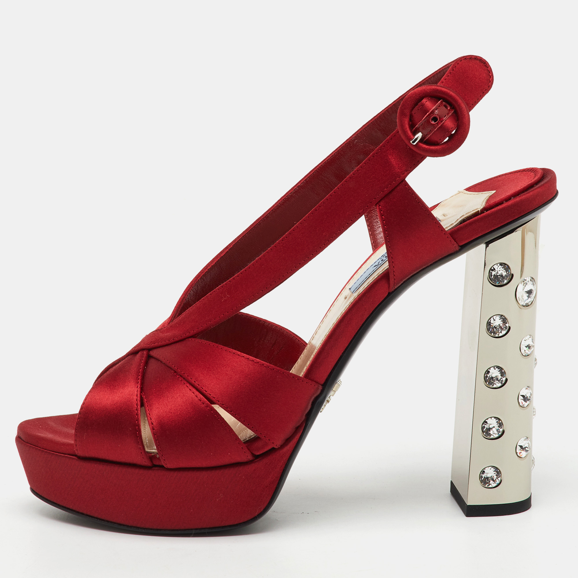 Prada Red Satin Crystal Embellished Heel Strappy Platform Sandals Size
Prada Red Satin Crystal Embellished Heel Strappy Platform Sandals Size