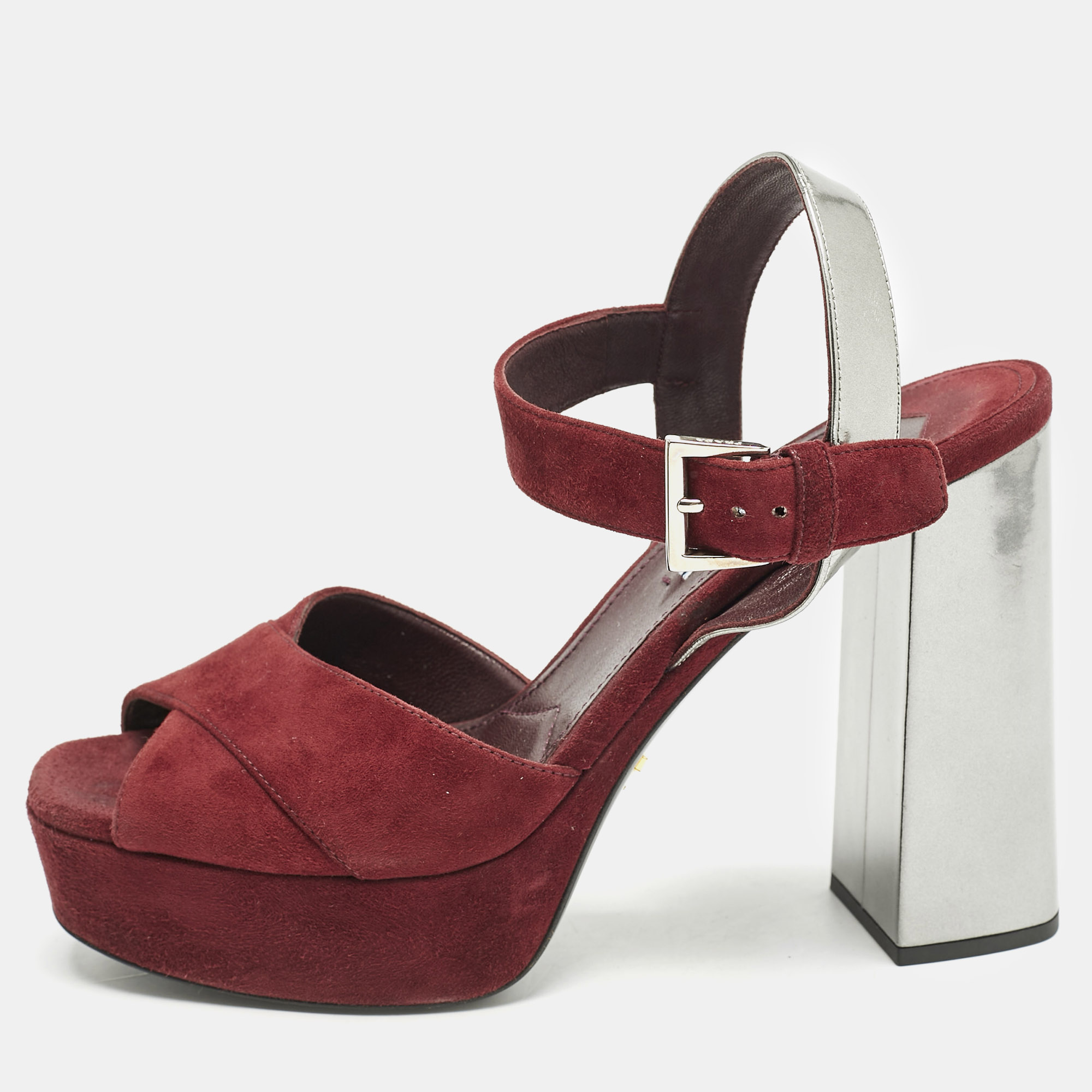 Prada Burgundy/Silver Leather and Suede Ankle Strap Sandals Size
Prada Burgundy/Silver Leather and Suede Ankle Strap Sandals Size