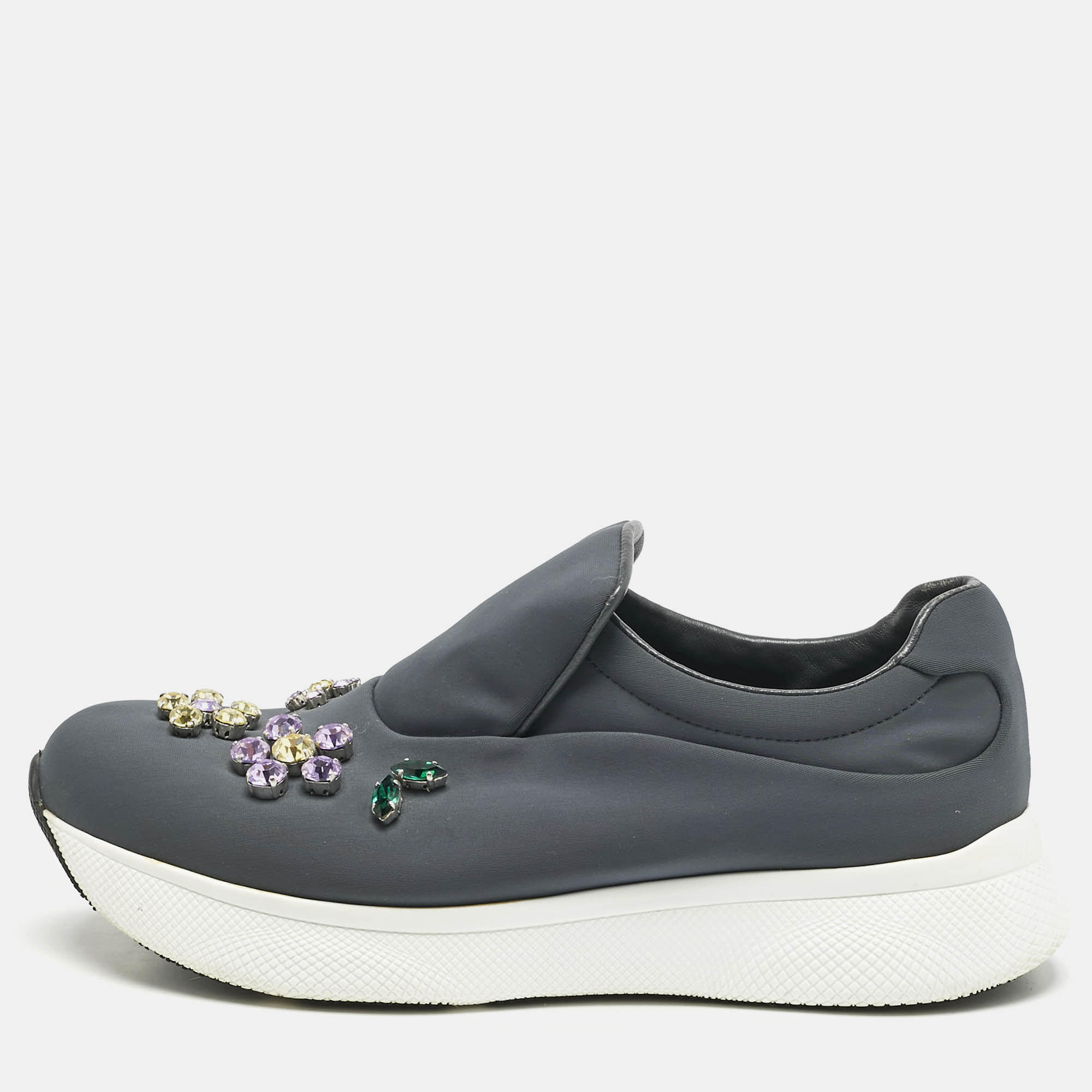 Prada Grey Stretch Fabric Crystal Embellished Slip On Sneakers size
Prada Grey Stretch Fabric Crystal Embellished Slip On Sneakers size