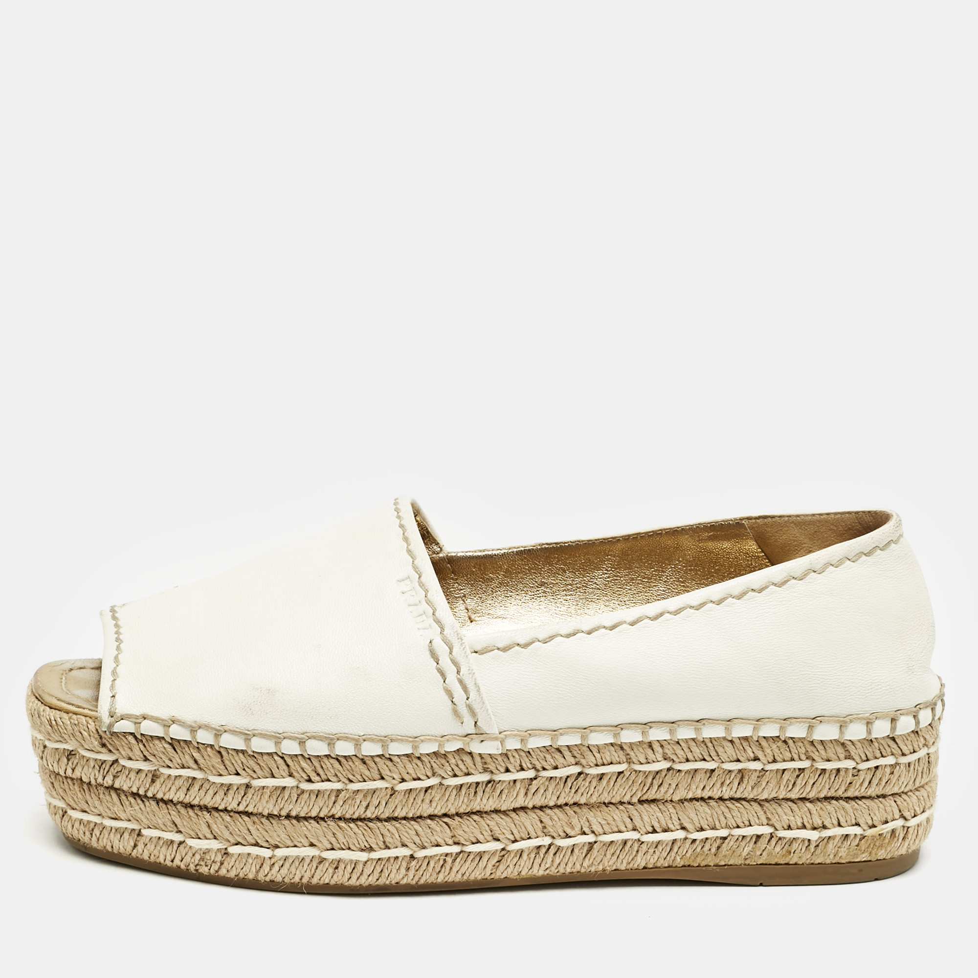 Prada White/Gold Leather Peep Toe Platform Espadrille Flats Size
Prada White/Gold Leather Peep Toe Platform Espadrille Flats Size
