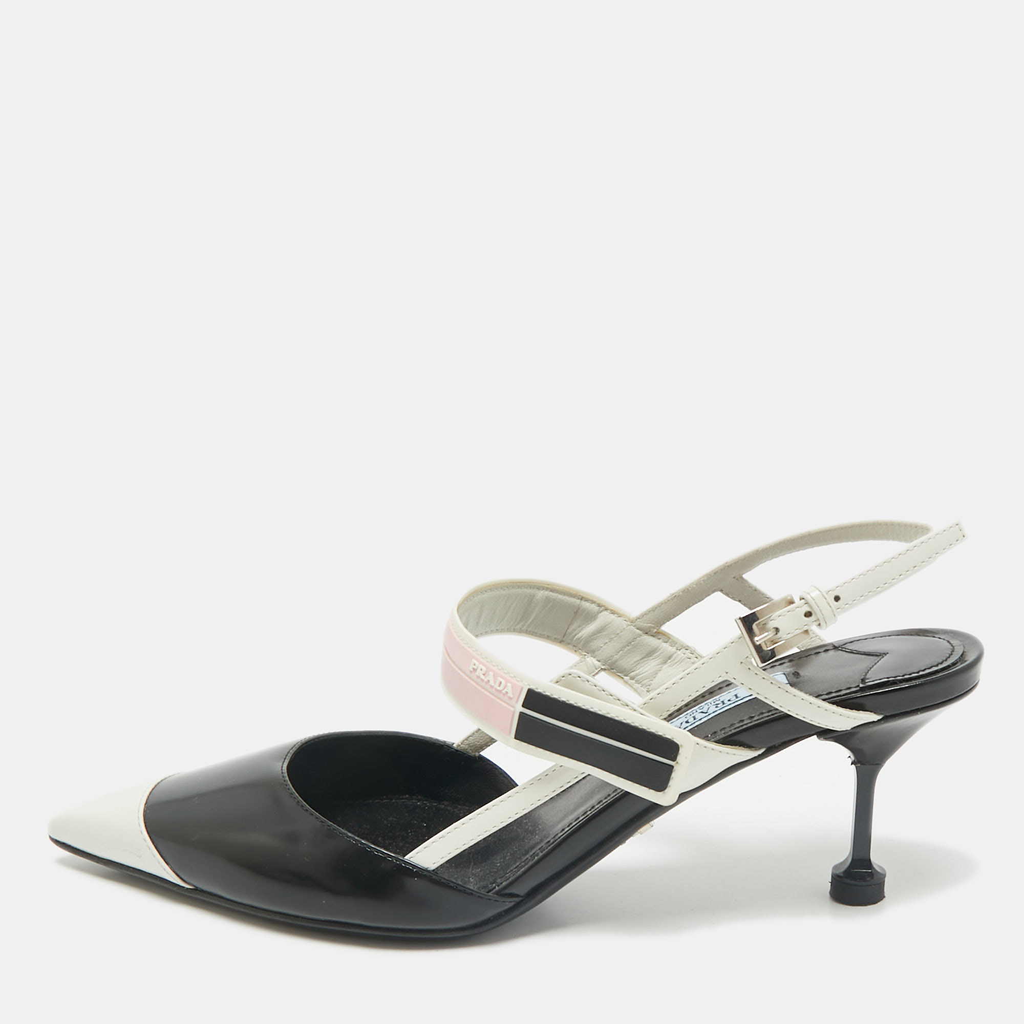 Prada Black/White Leather And Rubber Trim Pointed Toe Slingback Pumps Size
Prada Black/White Leather And Rubber Trim Pointed Toe Slingback Pumps Size