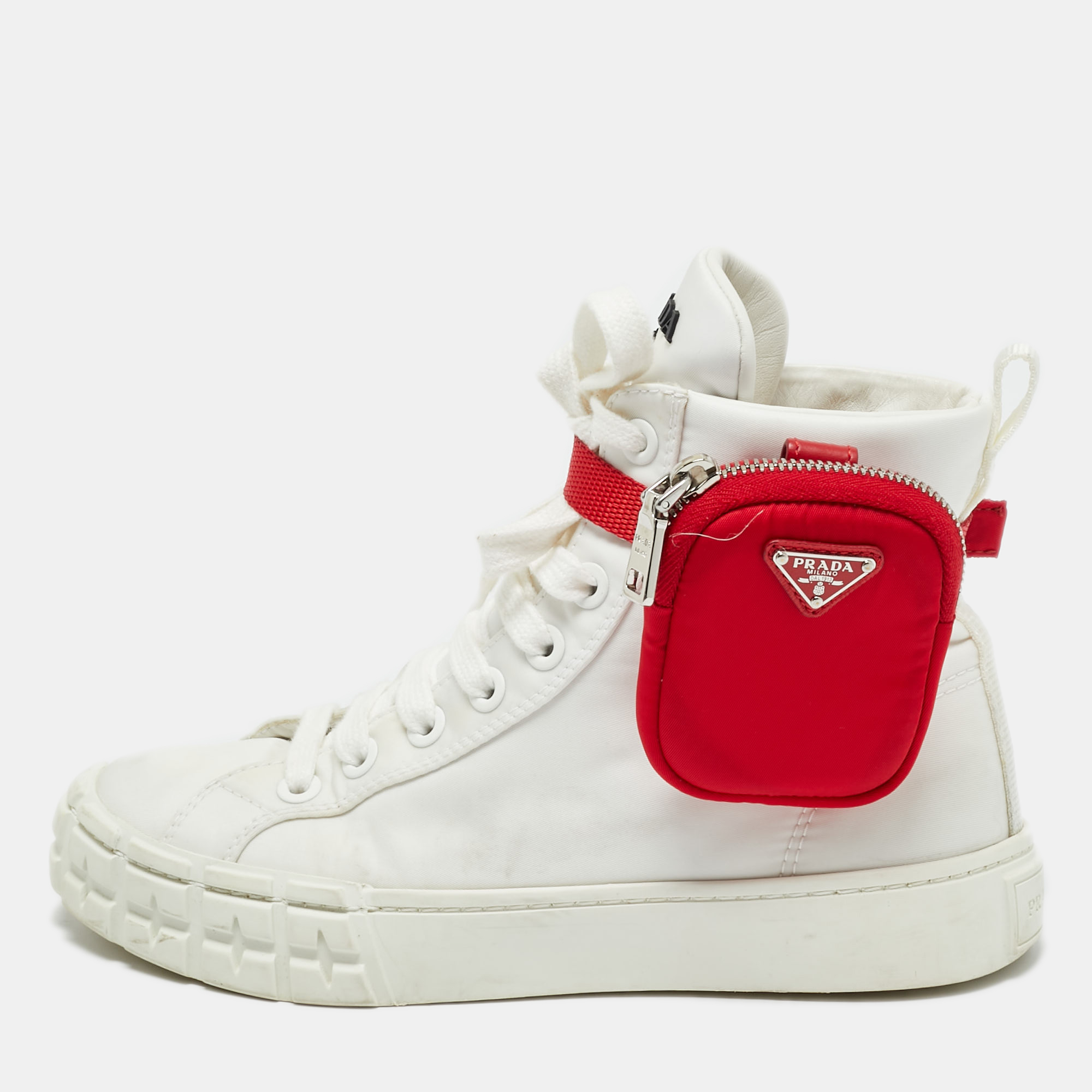 Prada White Nylon Triangle Pouch Pocket High Top Sneakers Size 
Prada White Nylon Triangle Pouch Pocket High Top Sneakers Size