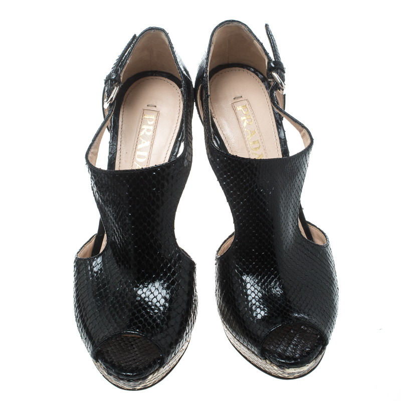 Prada Black Python Leather Cut Out Platform Sandals Size 37