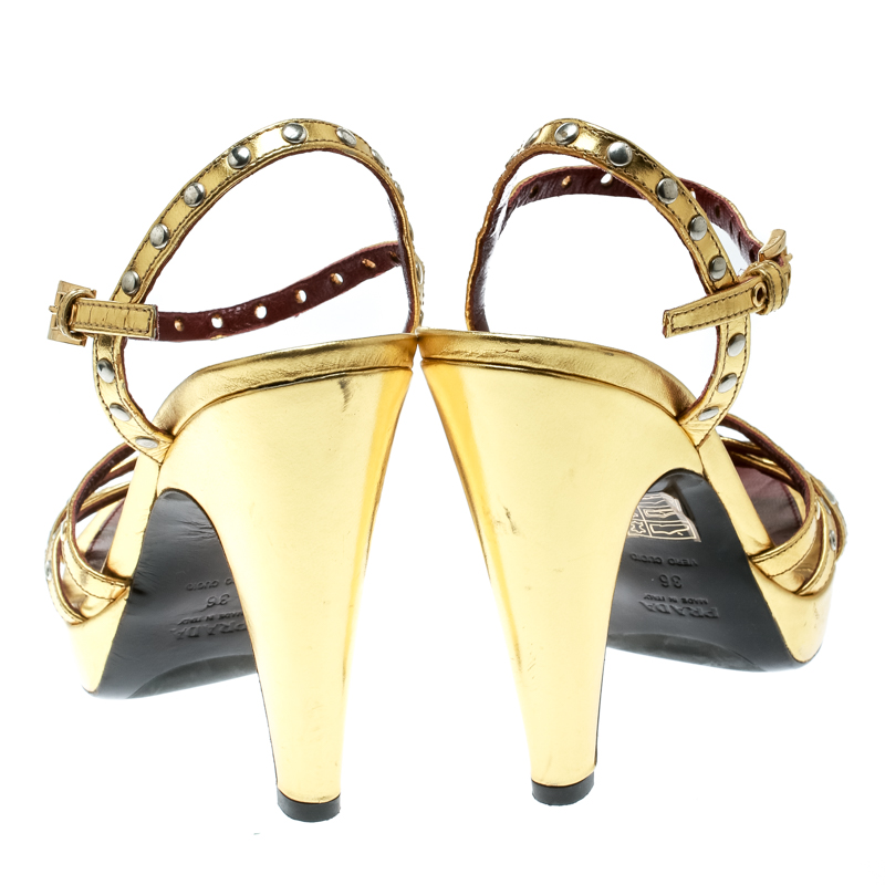 Prada Gold Leather Studded Platform Ankle Strap Sandals Size 36
