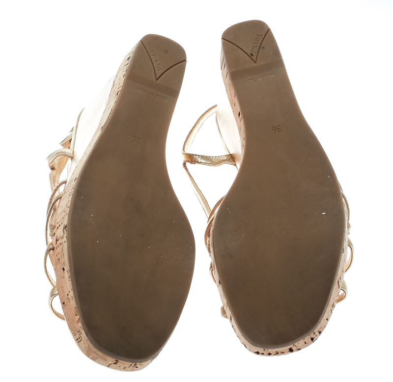 Prada Gold Leather Sligback Platform Wedge Sandals Size 36