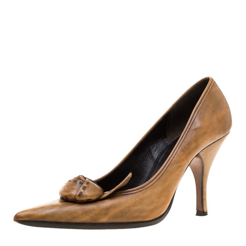 Prada Brown Leather Flower Detail Pointed Toe Pumps Size 38.5