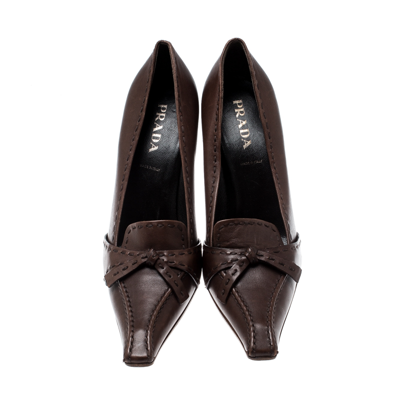 Prada Brown Leather Top Stitch Pointed Toe Pumps Size 36.5