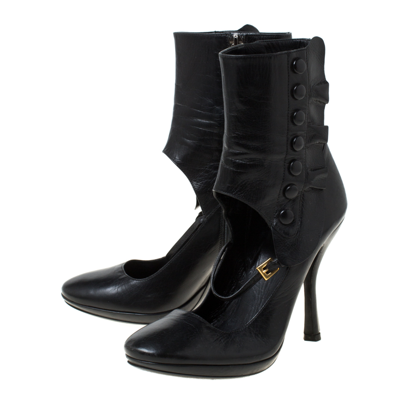 Prada Black Leather Mary Jane Ankle Boots Size 37