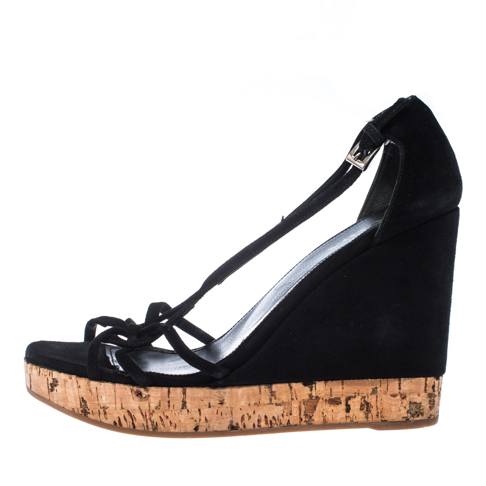

Prada Black Suede Strappy Cork Wedge Platform Sandals Size