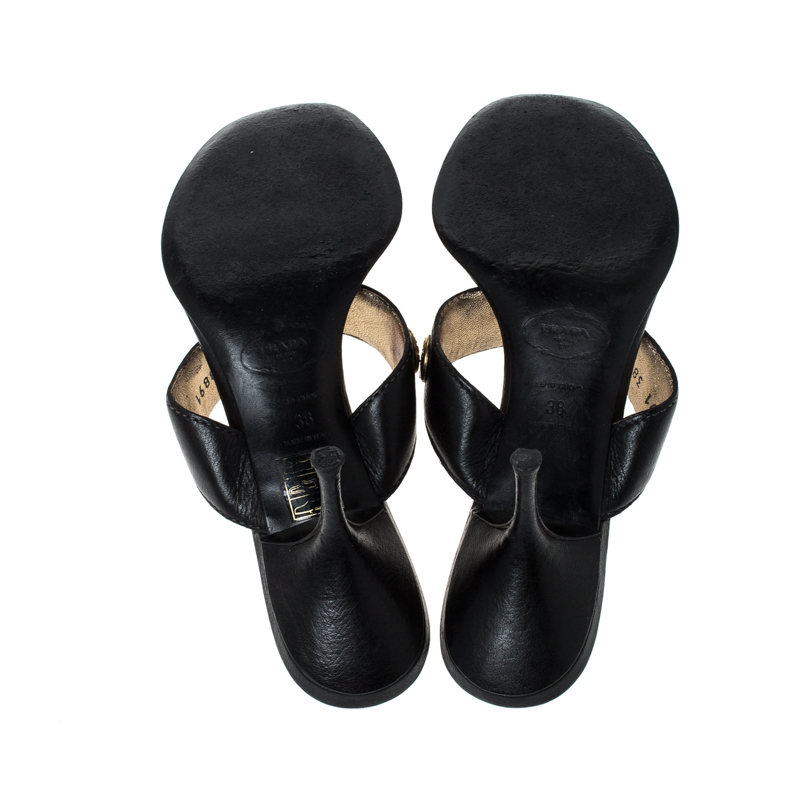 Prada Black Leather Studded Thong Sandals Size 38