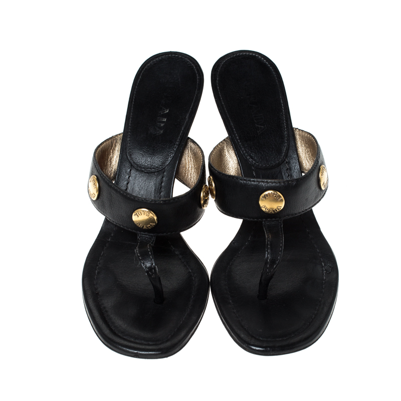 Prada Black Leather Studded Thong Sandals Size 38