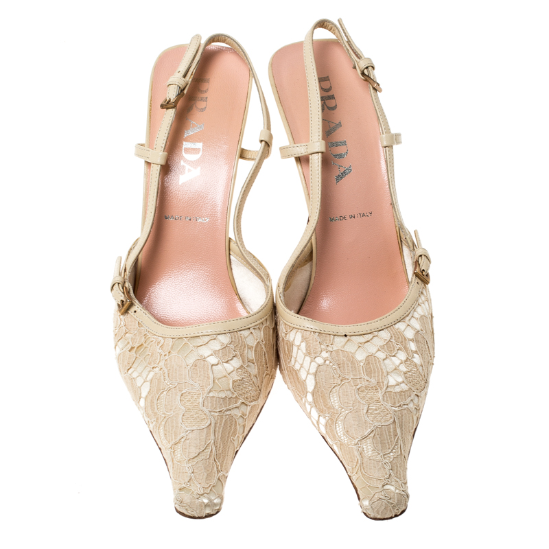 Prada Beige Lace/Satin Slingback Pointed Toe Sandals Size 36.5