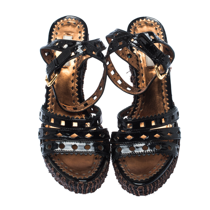 Prada Black Patent Leather Raffia Platform Ankle Strap Sandals Size 39.5