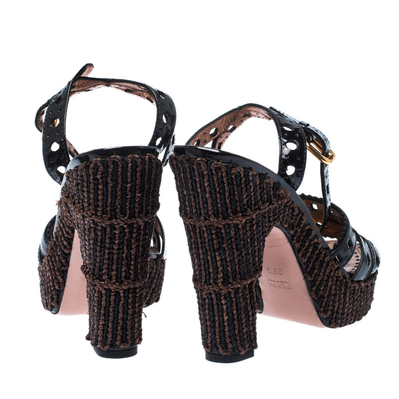 Prada Black Patent Leather Raffia Platform Ankle Strap Sandals Size 39.5