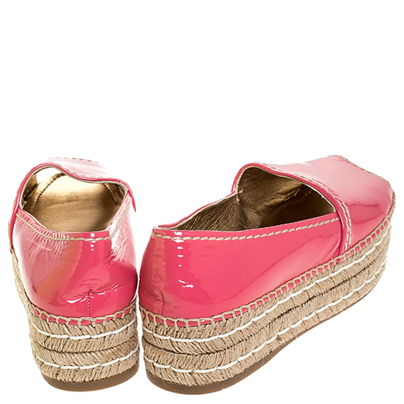 Prada Pink Patent Leather Peep Toe Platform Espadrilles Size 40