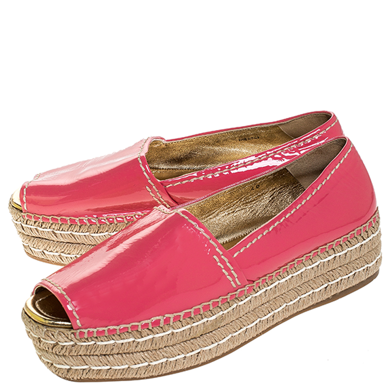 Prada Pink Patent Leather Peep Toe Platform Espadrilles Size 40